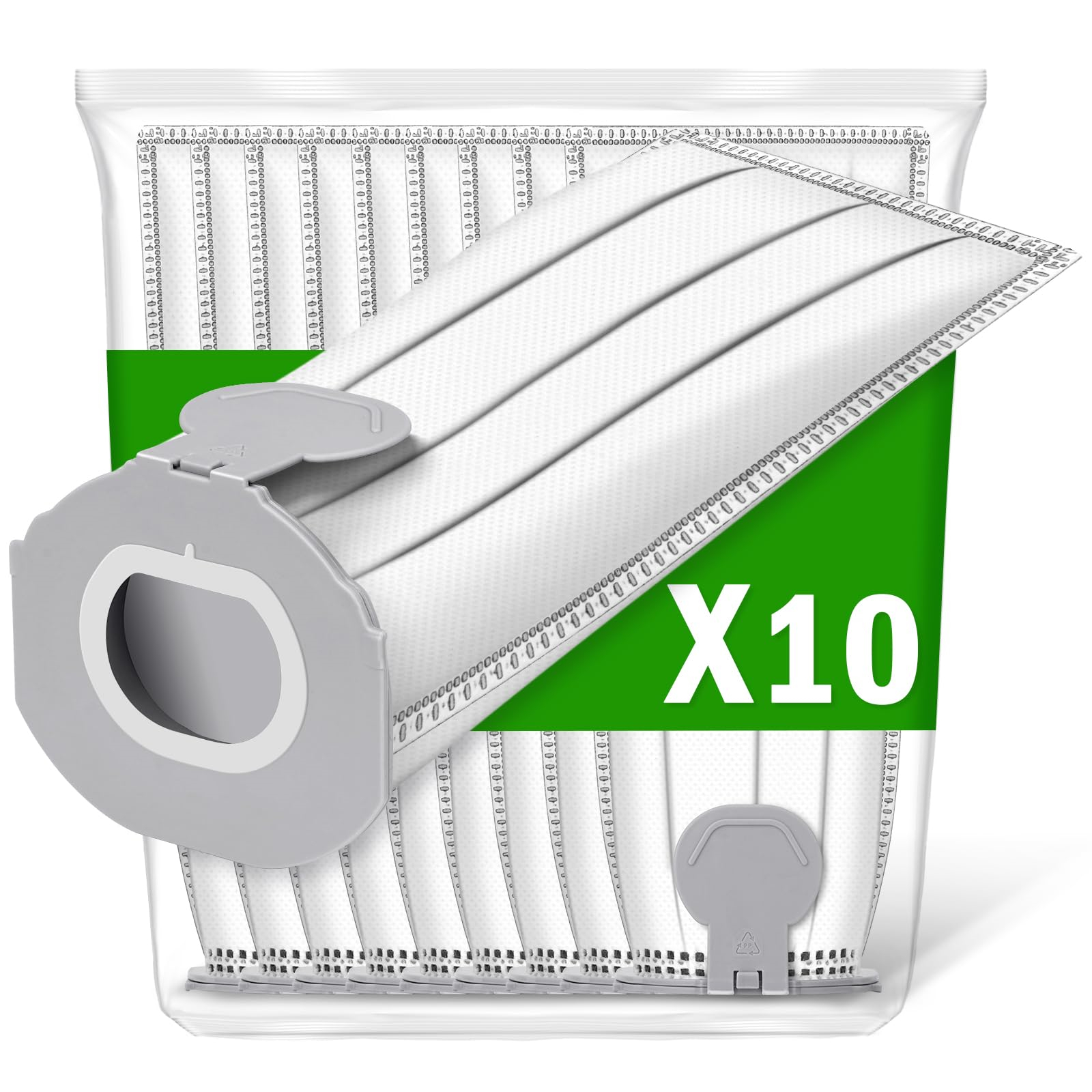 Vakuumbeutel in transparenter Verpackung. Graue Kunststoffteile und weiße Beutel, grün-weißer Text 'X10'.