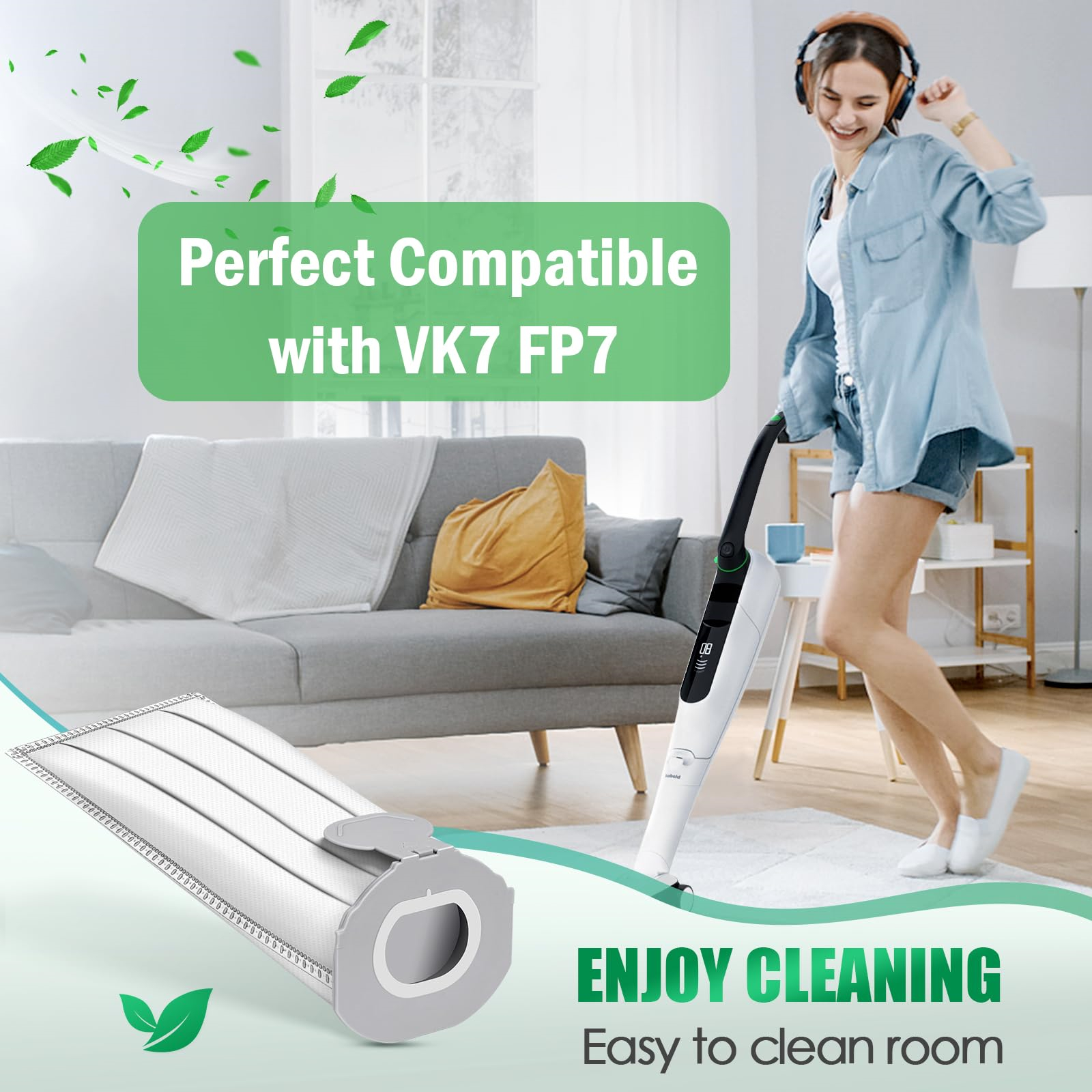 Eine Frau reinigt ein Zimmer mit einem Staubsauger. Text: Perfekt kompatibel mit VK7 FP7. Viel Spaß beim Putzen.