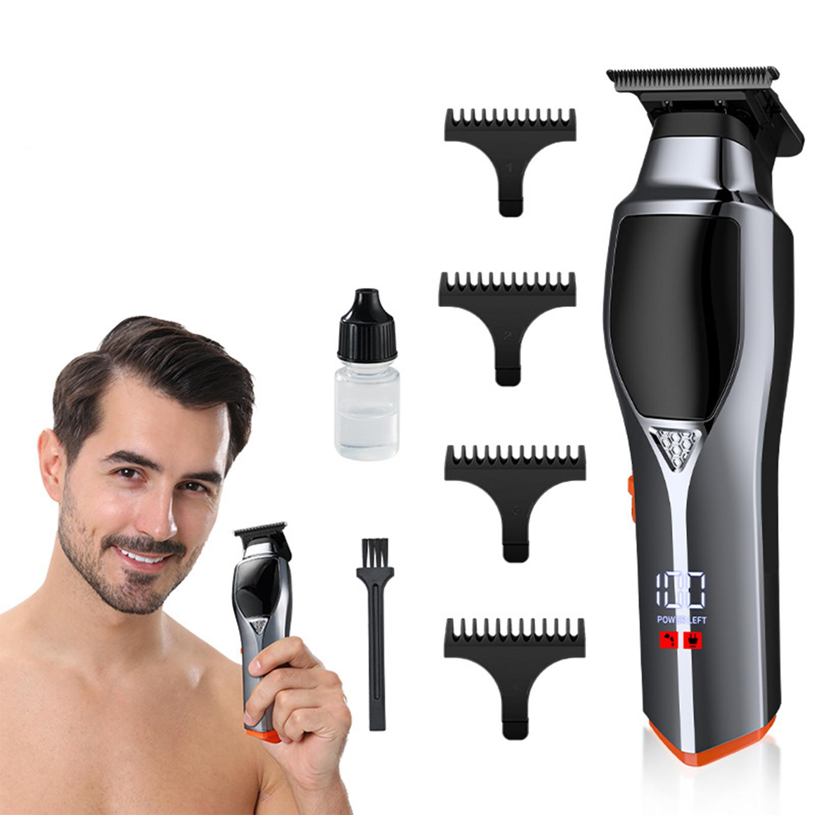 Mann mit Trimmer und Zubehör. Enthält Trimmer, Aufsätze, Öl und Bürste. Digitales Display zeigt Restleistung an.