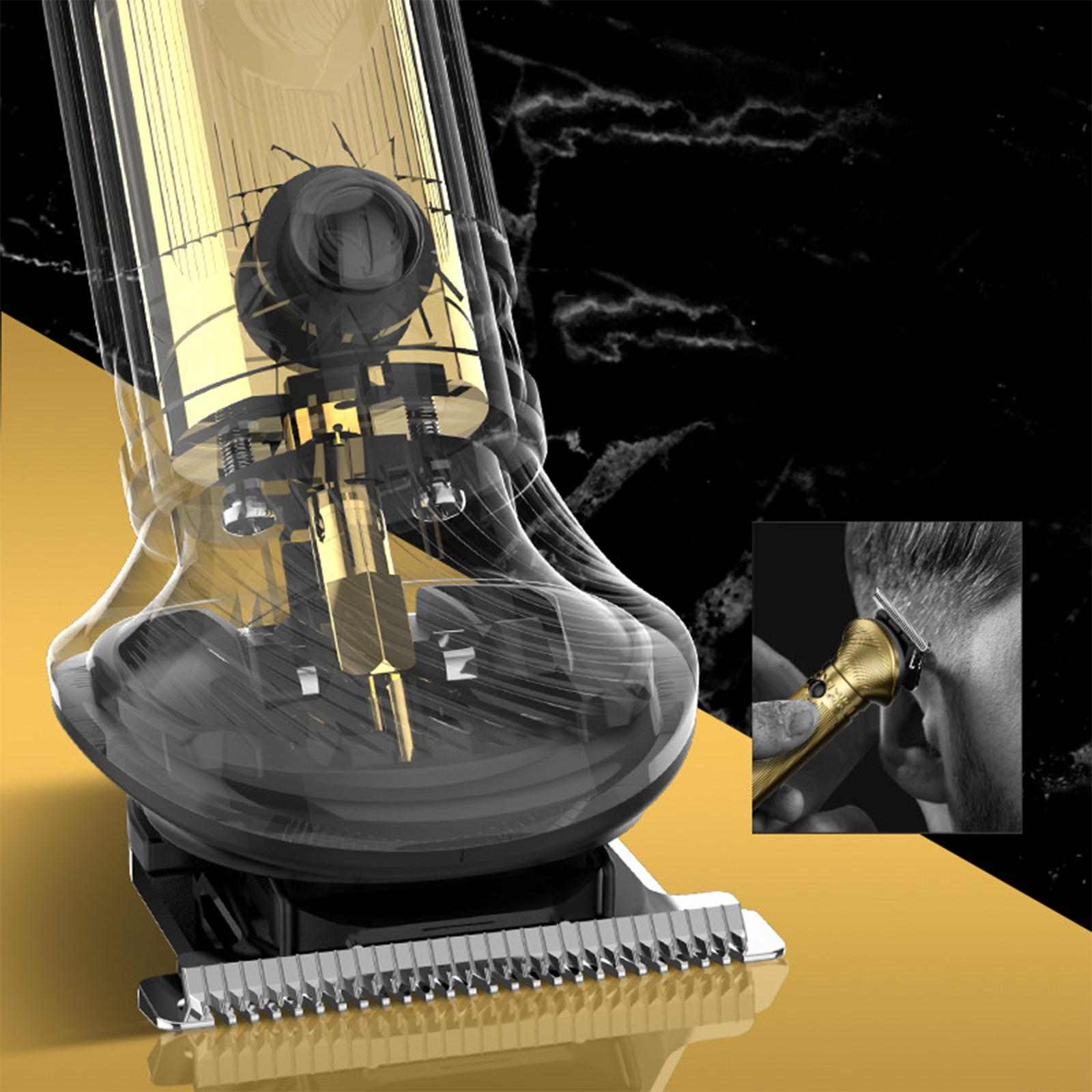 Transparenter Haarschneider mit Innenteilen und goldenen Details. Kleines Inset zeigt Anwendung beim Haareschneiden.