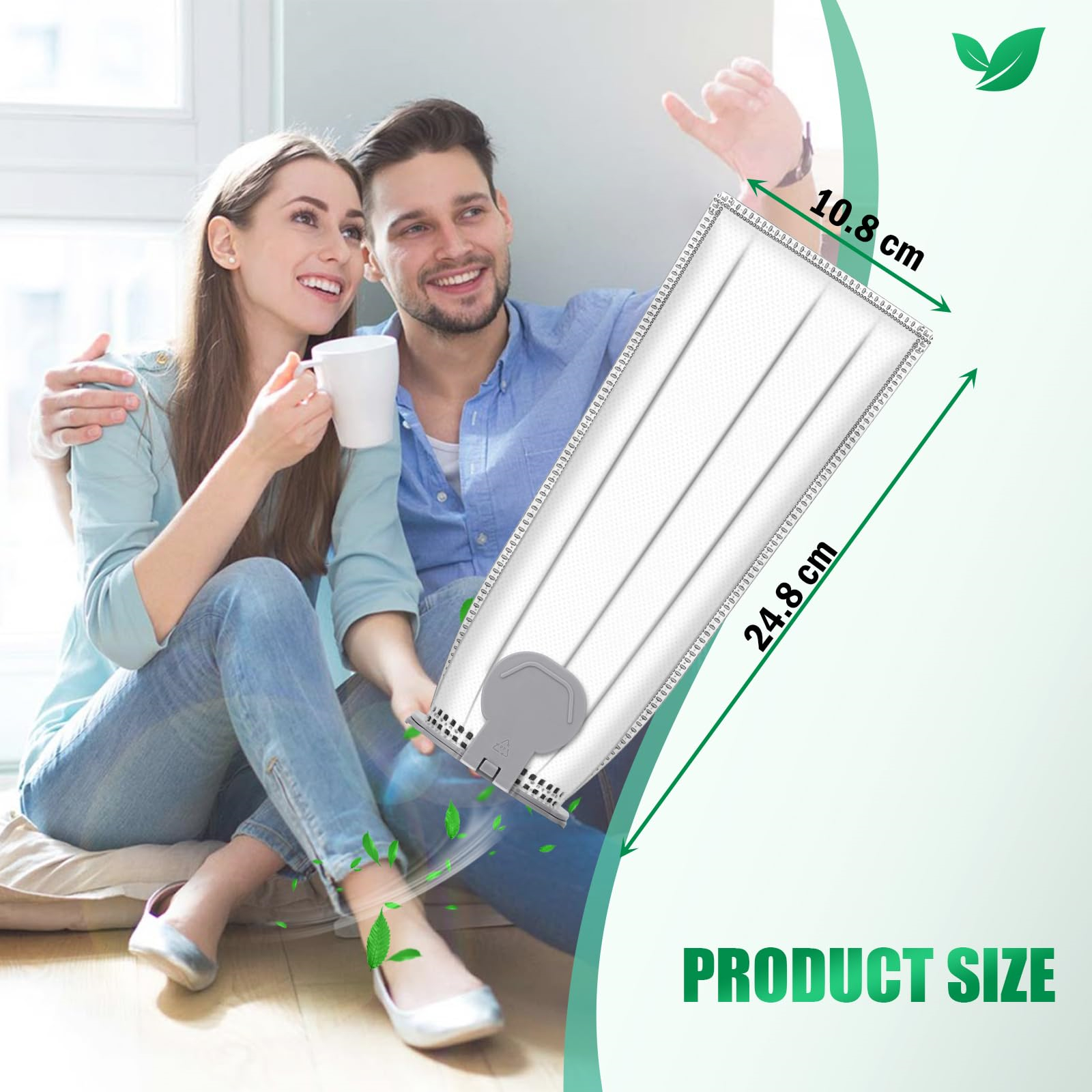 Ein lächelndes Paar hält einen Filter. Der Filter ist weiß mit grauen Teilen. Produktgröße wird angezeigt.