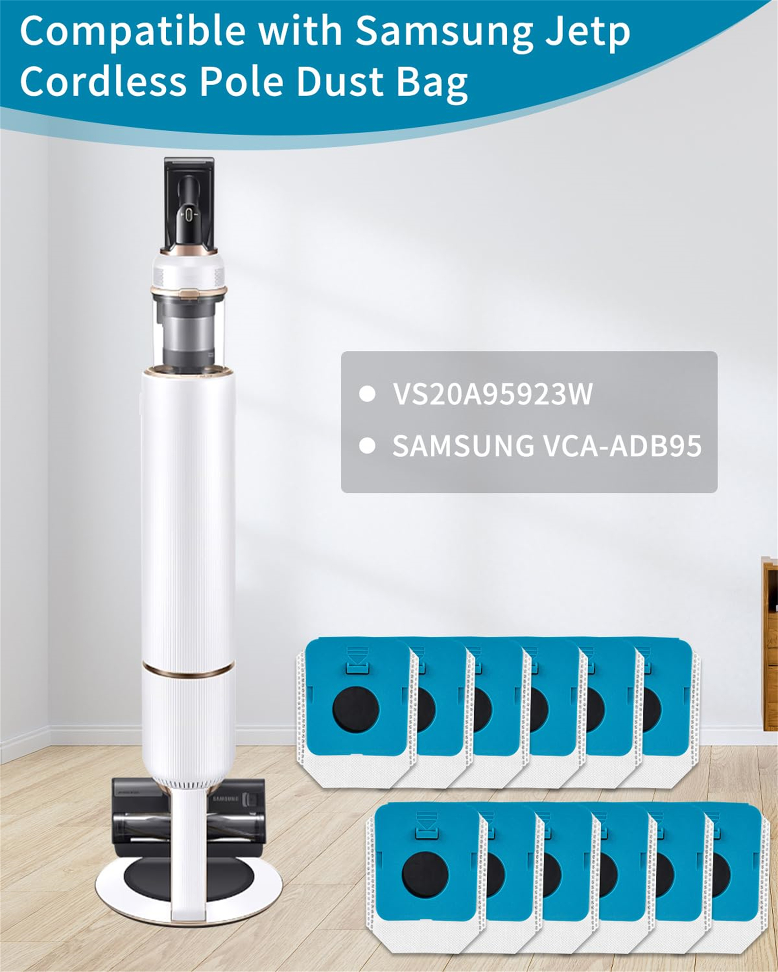Ein weißer Samsung-Staubsauger und mehrere blaue Staubbeutel werden auf einem Holzboden mit Textüberlagerung angezeigt.