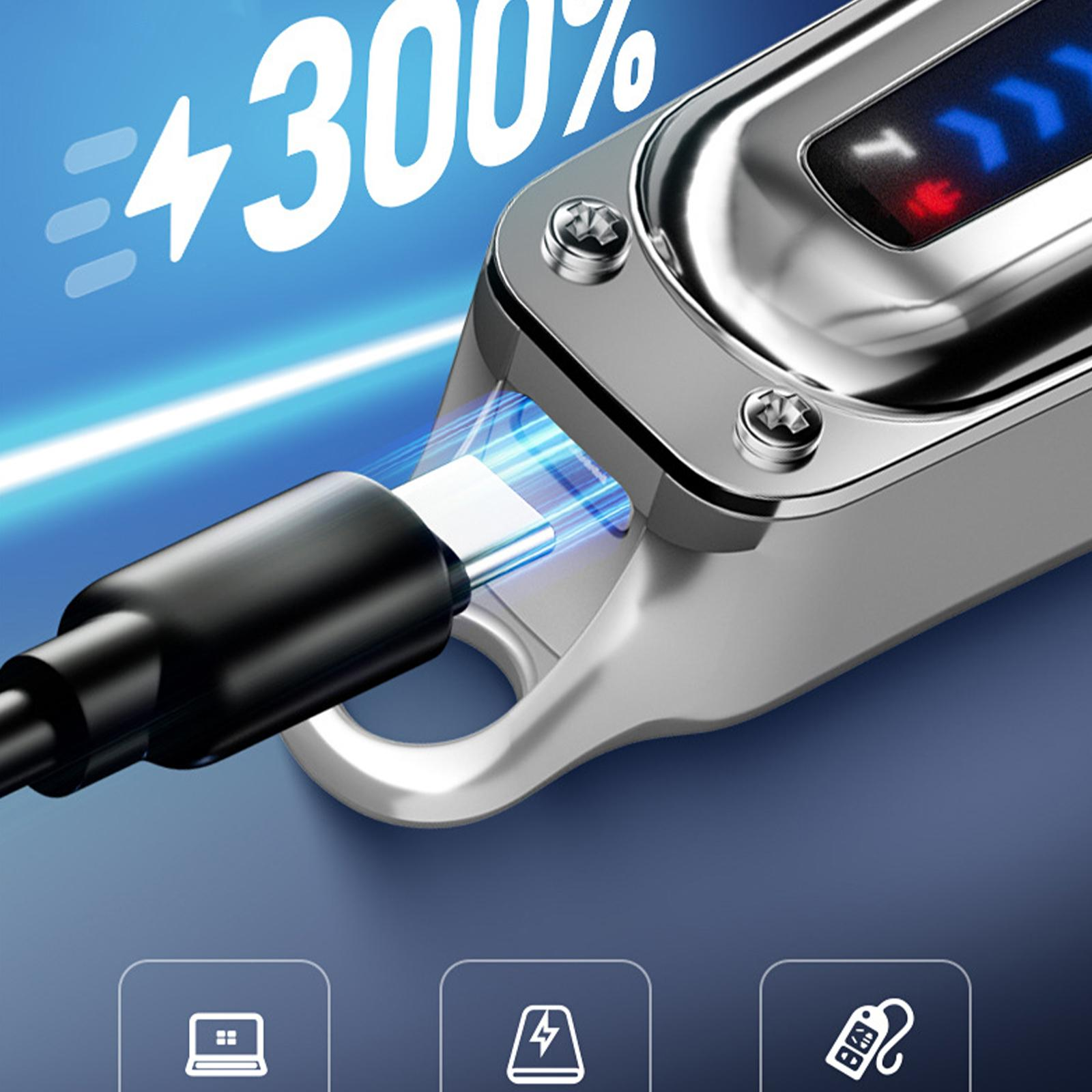 Ein silbernes Gerät mit Kabel, blauem Hintergrund und +300% Text. Ein schwarzes Kabel ist eingesteckt.