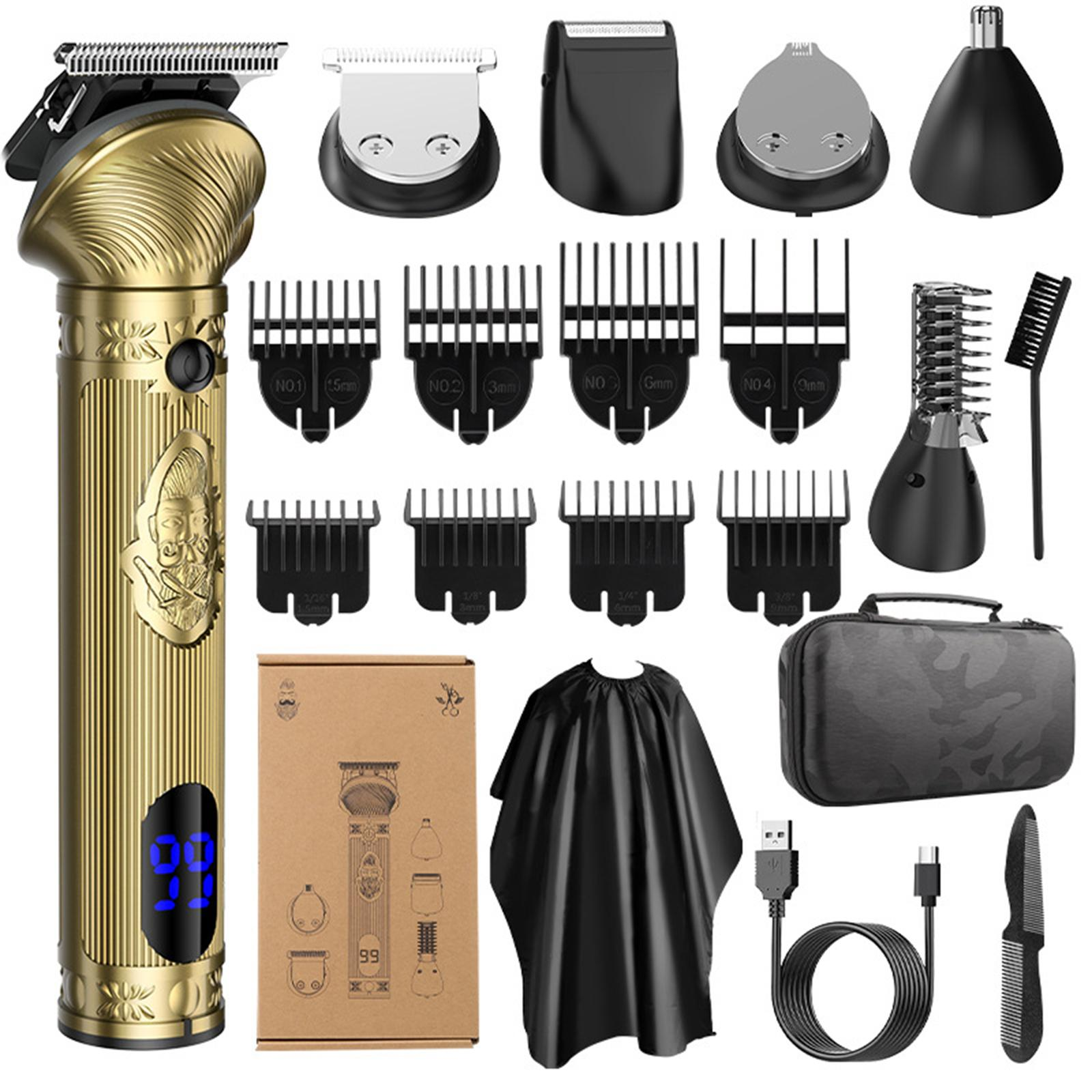 Goldener Haarschneider mit Aufsätzen, schwarzem Umhang, Etui und Zubehör auf weißem Hintergrund.