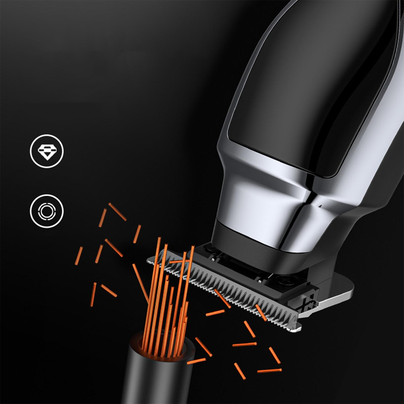 Ein schwarzer und silberner Haarschneider mit orangefarbenen Haarschnitten. Symbole eines Diamanten und eines Auges sind im Hintergrund.
