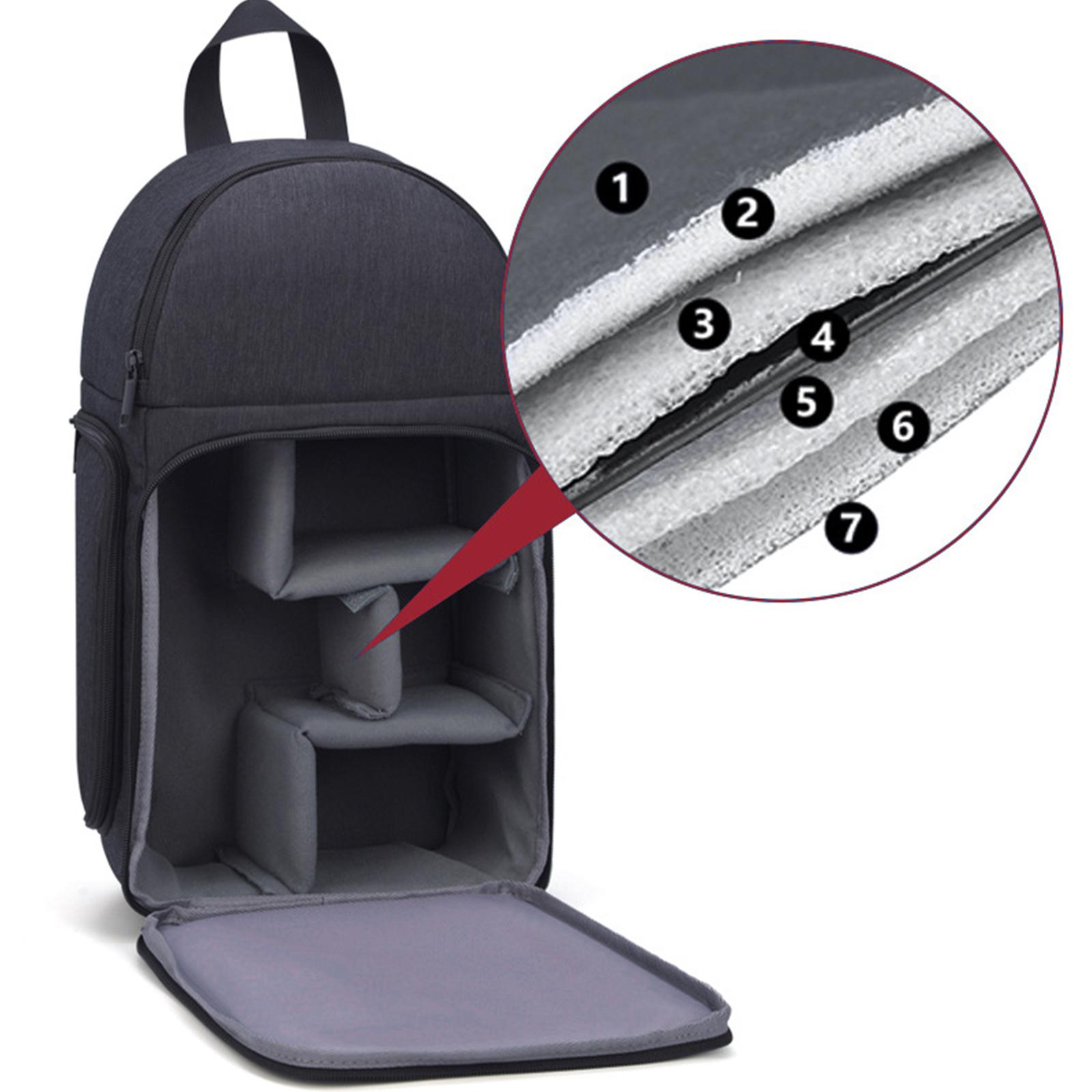 Ein dunkelgrauer Kamera-Rucksack ist geöffnet und zeigt Fächer. Eine Einlage zeigt Details der Schicht des Taschenmaterials.