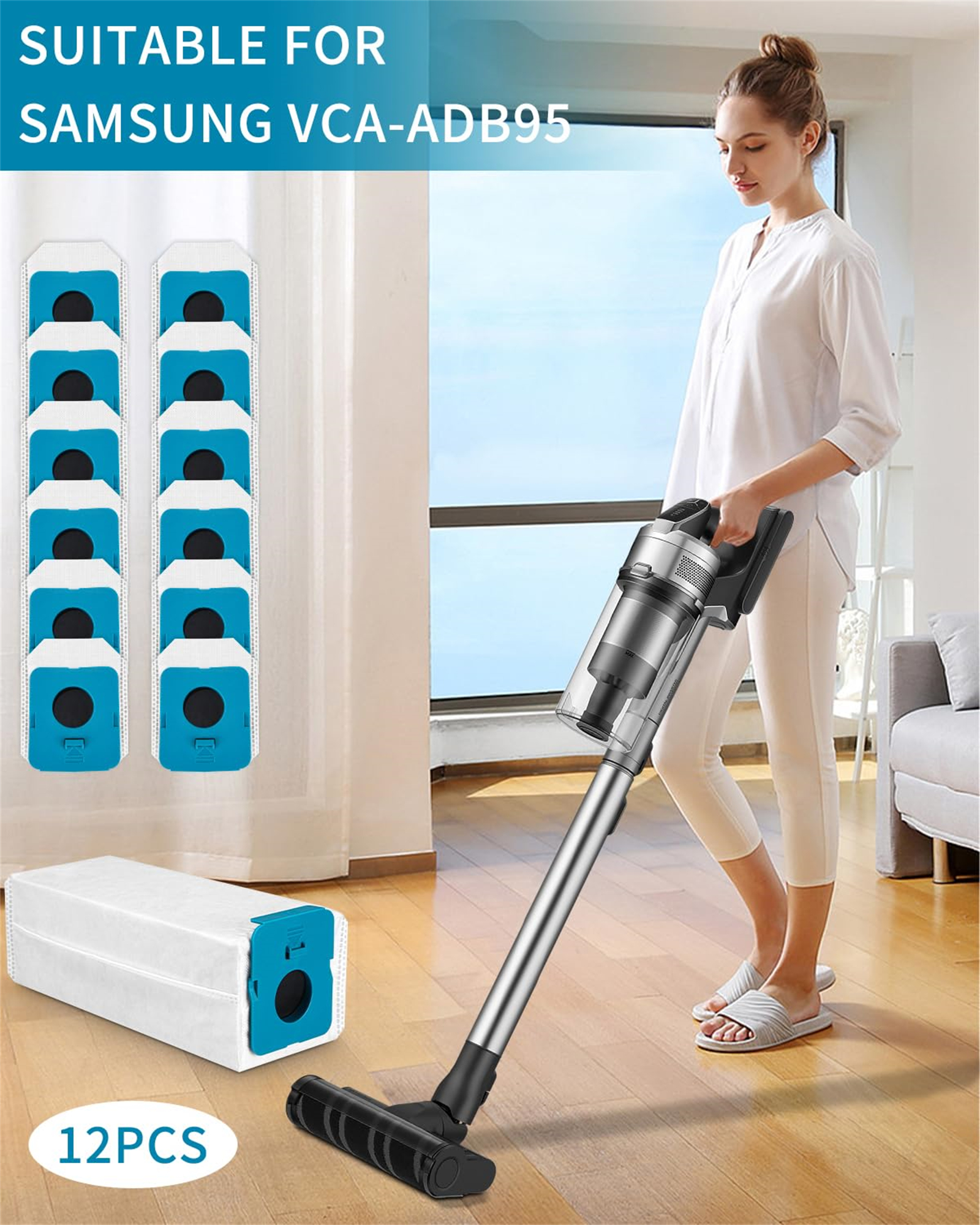 Frau mit Staubsauger. Filter und Staubsaugerbeutel im Hintergrund. Das Bild ist eine Werbung.