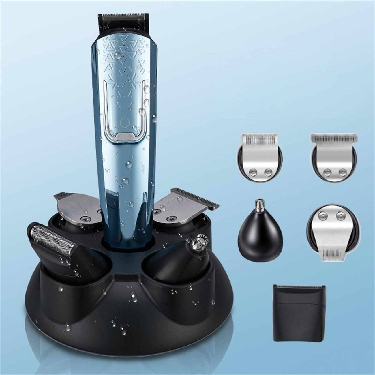 Elektrisches Rasierer-Set mit mehreren Aufsätzen, blau und schwarz, mit Wassertropfen, auf blauem Farbverlauf.