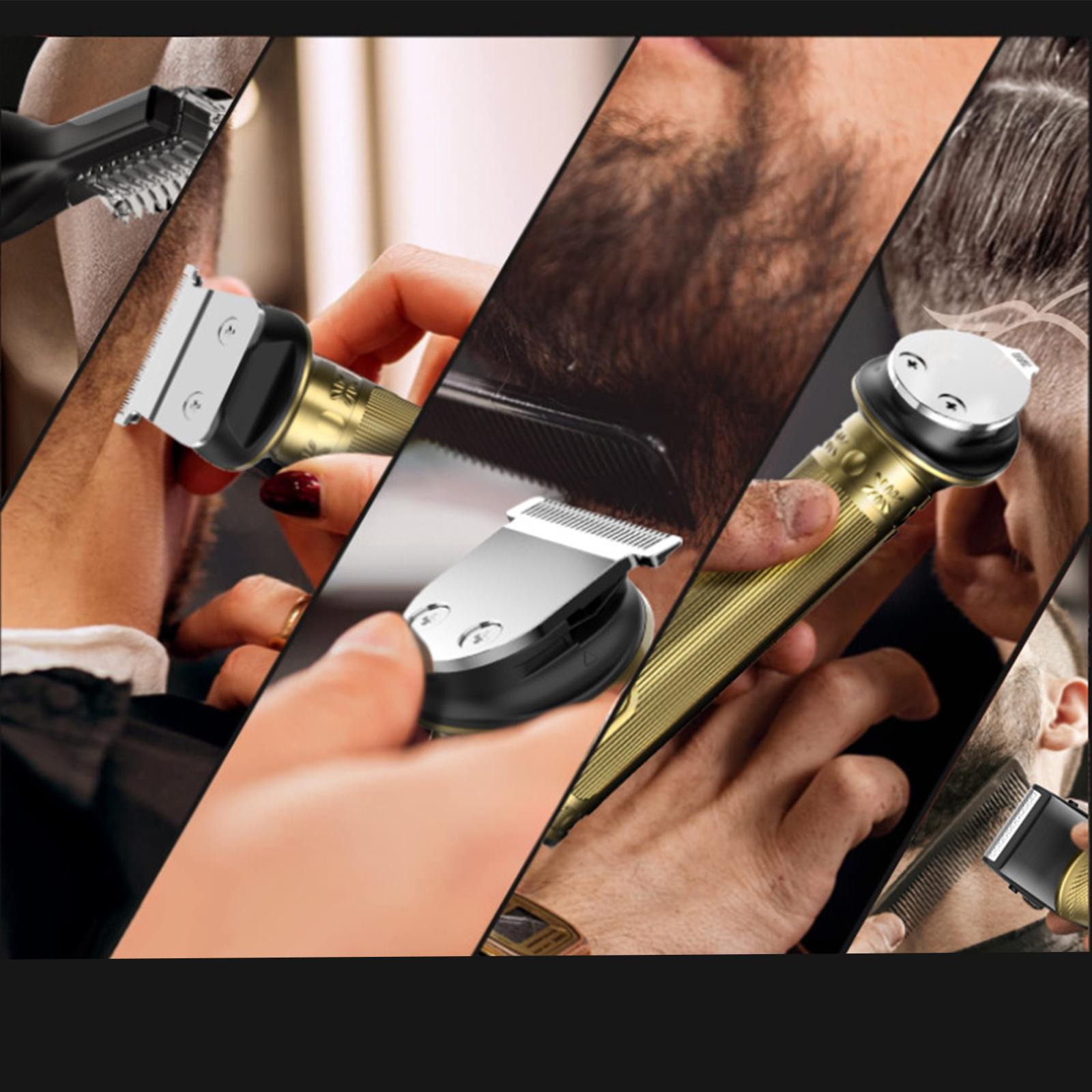 Mehrere Männer bekommen Haarschnitte mit verschiedenen elektrischen Haarschneidern. Hände halten Haarschneider. Nahaufnahme von Haar und Haarschneidern.