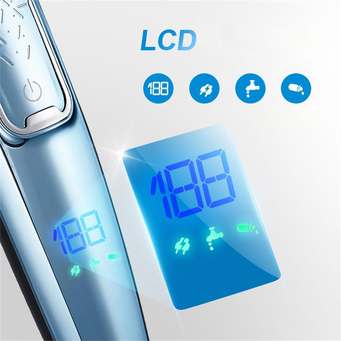 Blaues Gerät mit LCD zeigt "188", Symbole und das Wort "LCD". Der Bildschirm leuchtet blau, was die Funktion anzeigt.