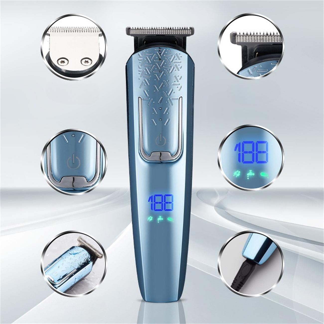 Blauer elektrischer Haarschneider mit Display. Details umfassen Klingen, Ein-/Aus-Taste und Ladeanschluss. Digitalanzeige zeigt Akkustand.