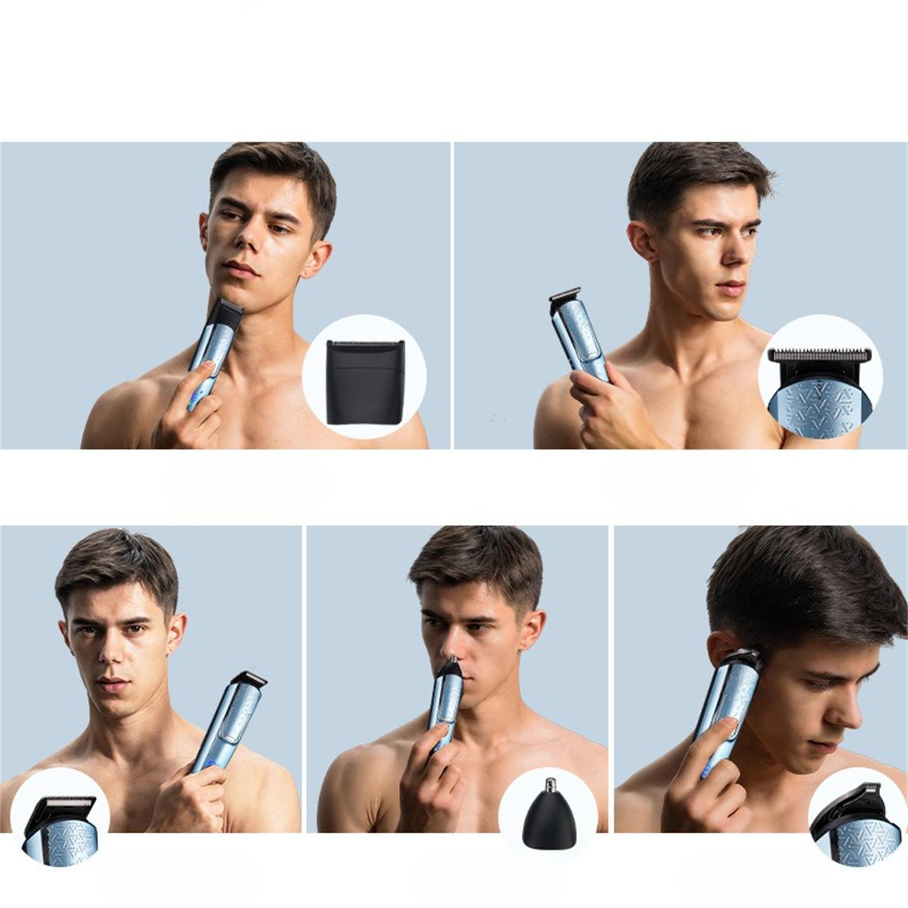 Mann benutzt blauen Trimmer im Gesicht. Verschiedene Ansichten zeigen Bart-, Nasen- und Haartrimmen. Enthält Trimmerteile und eine Tasche.