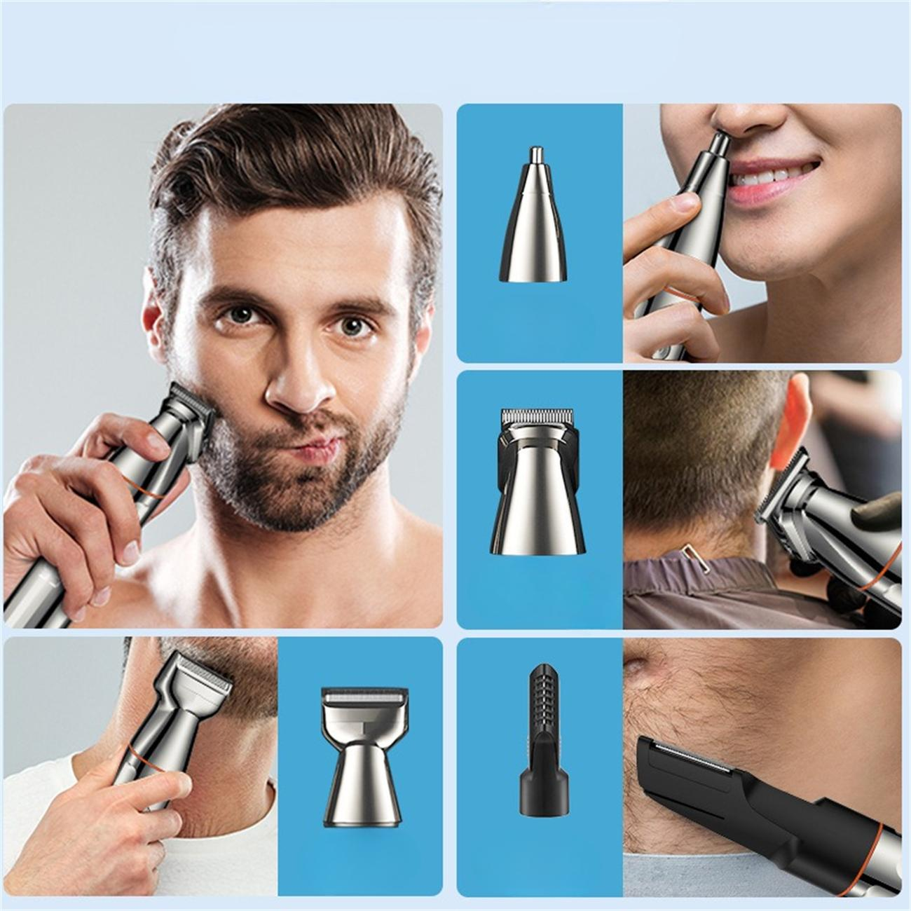 Ein Mann rasiert sich mit einem Trimmer. Nahaufnahmen zeigen Trimmerköpfe und Anwendung an Nase, Bart und Haaransatz. Produkte werden gezeigt.