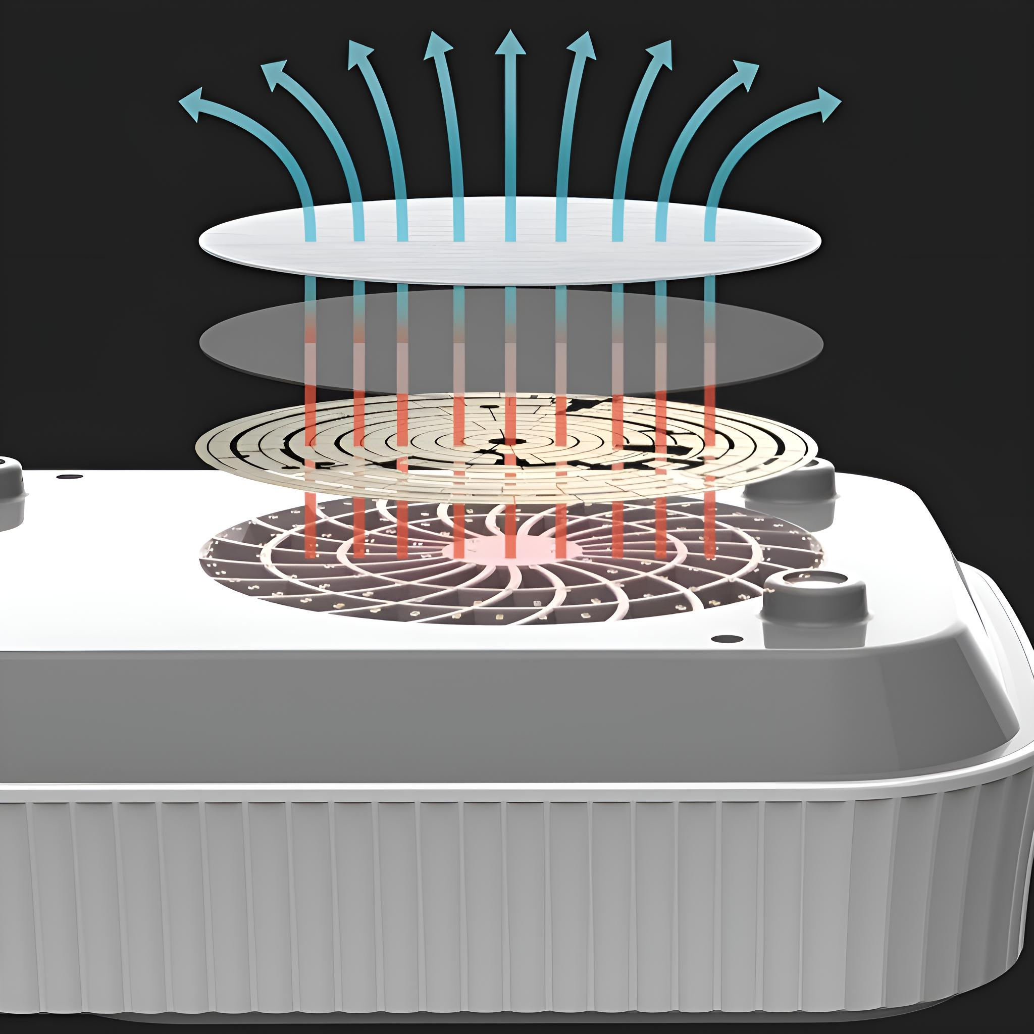Diagramm eines Geräts mit Schichten, Pfeilen und einem Ventilator. Blaue Pfeile zeigen den Luftstrom nach oben.