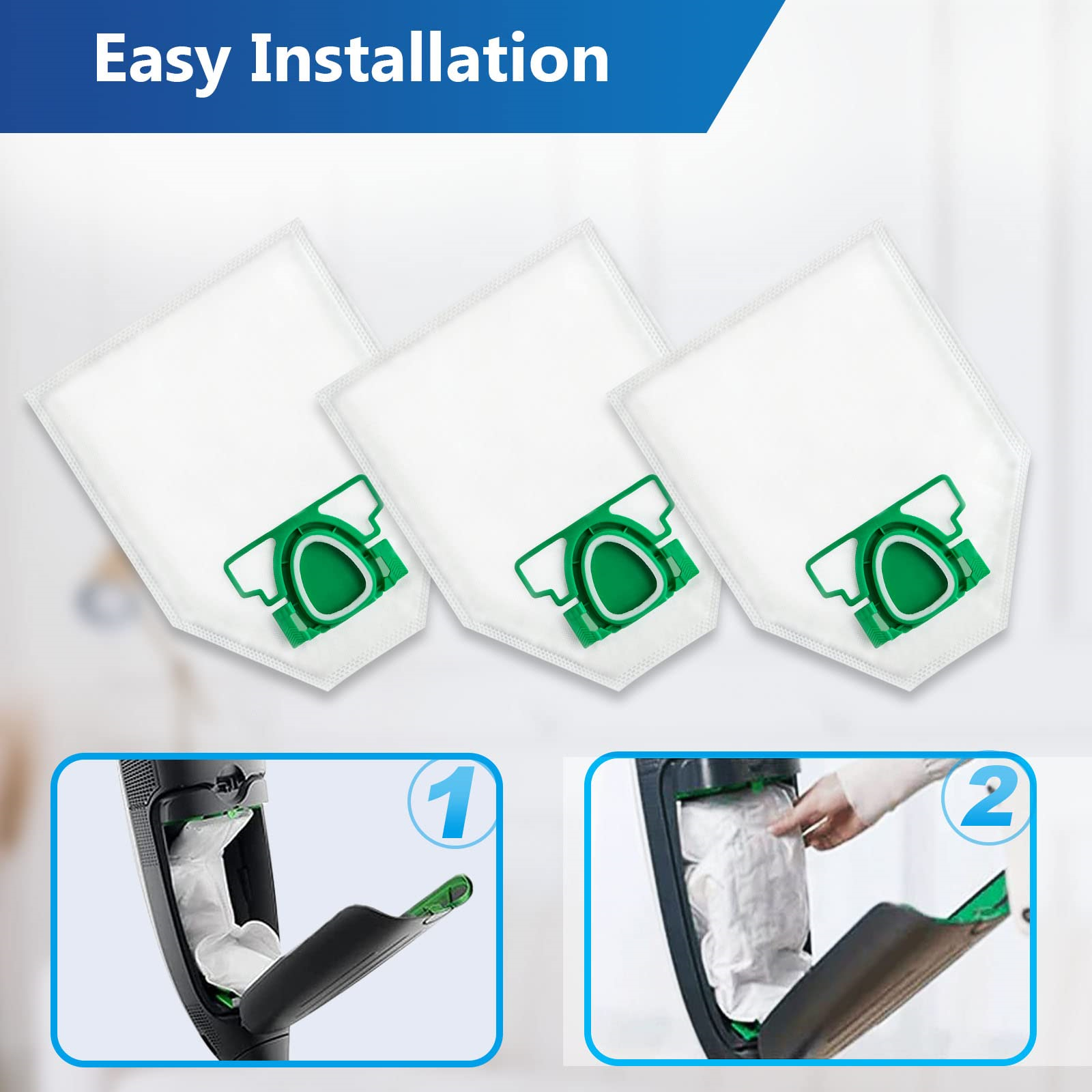Das Bild zeigt drei Staubsaugerbeutel und Installationsschritte. Die Beutel sind weiß mit grünen Anschlüssen. Schritte zeigen das Einsetzen.