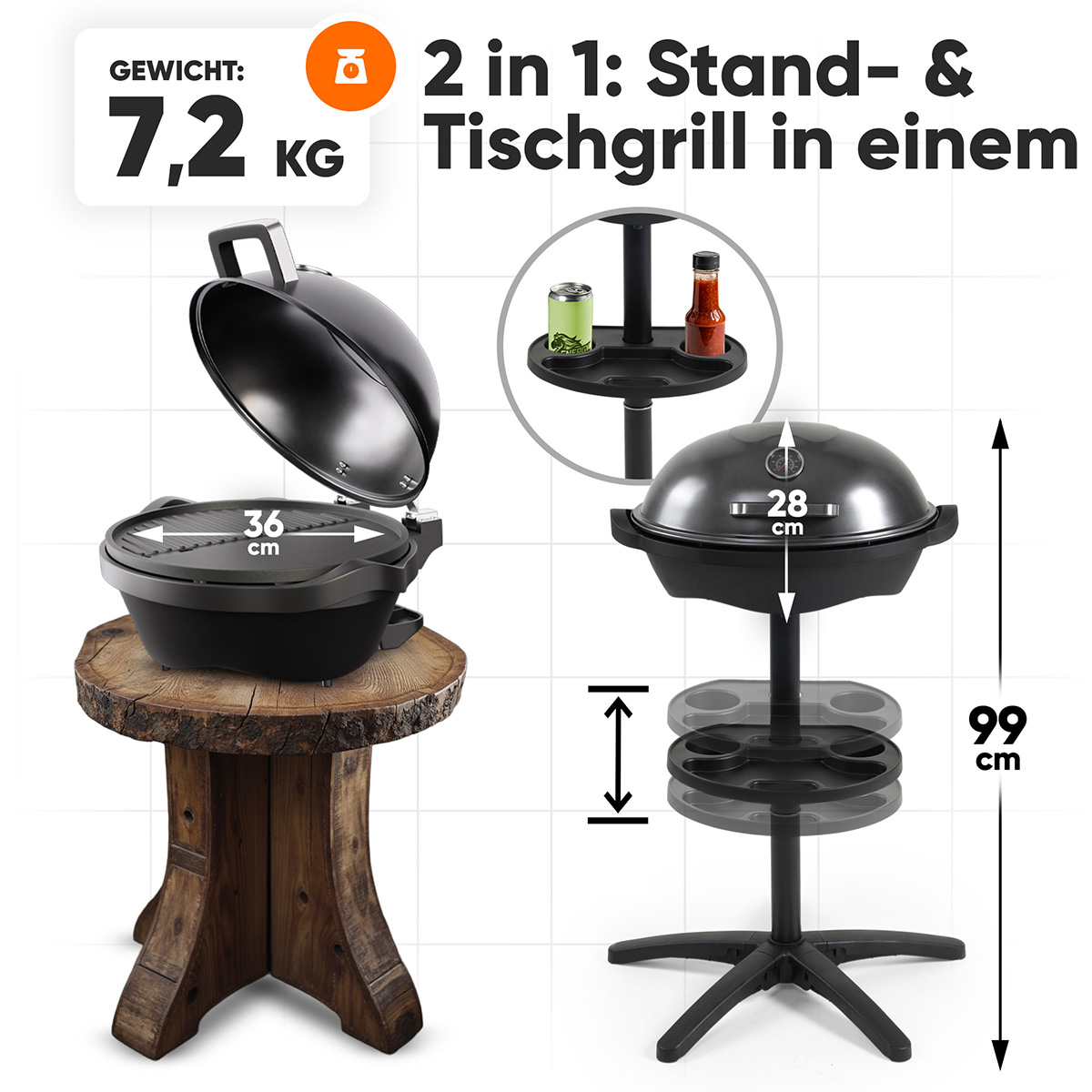 Una griglia nera è mostrata su un tavolo di legno e su un supporto. Sono indicate misure e peso.