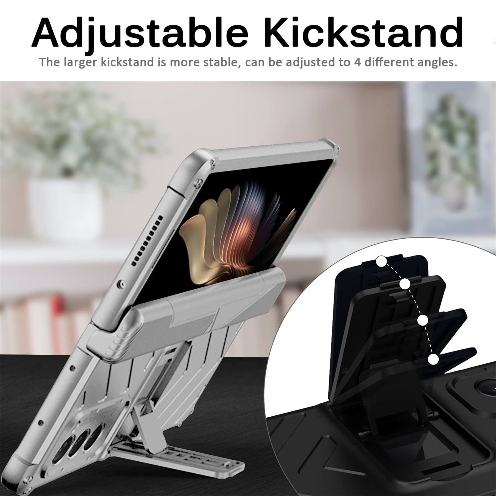 Silbernes Tablet in einem Ständer. Der Tablettbildschirm zeigt ein abstraktes Bild. Der Ständer ist auf mehrere Winkel einstellbar.