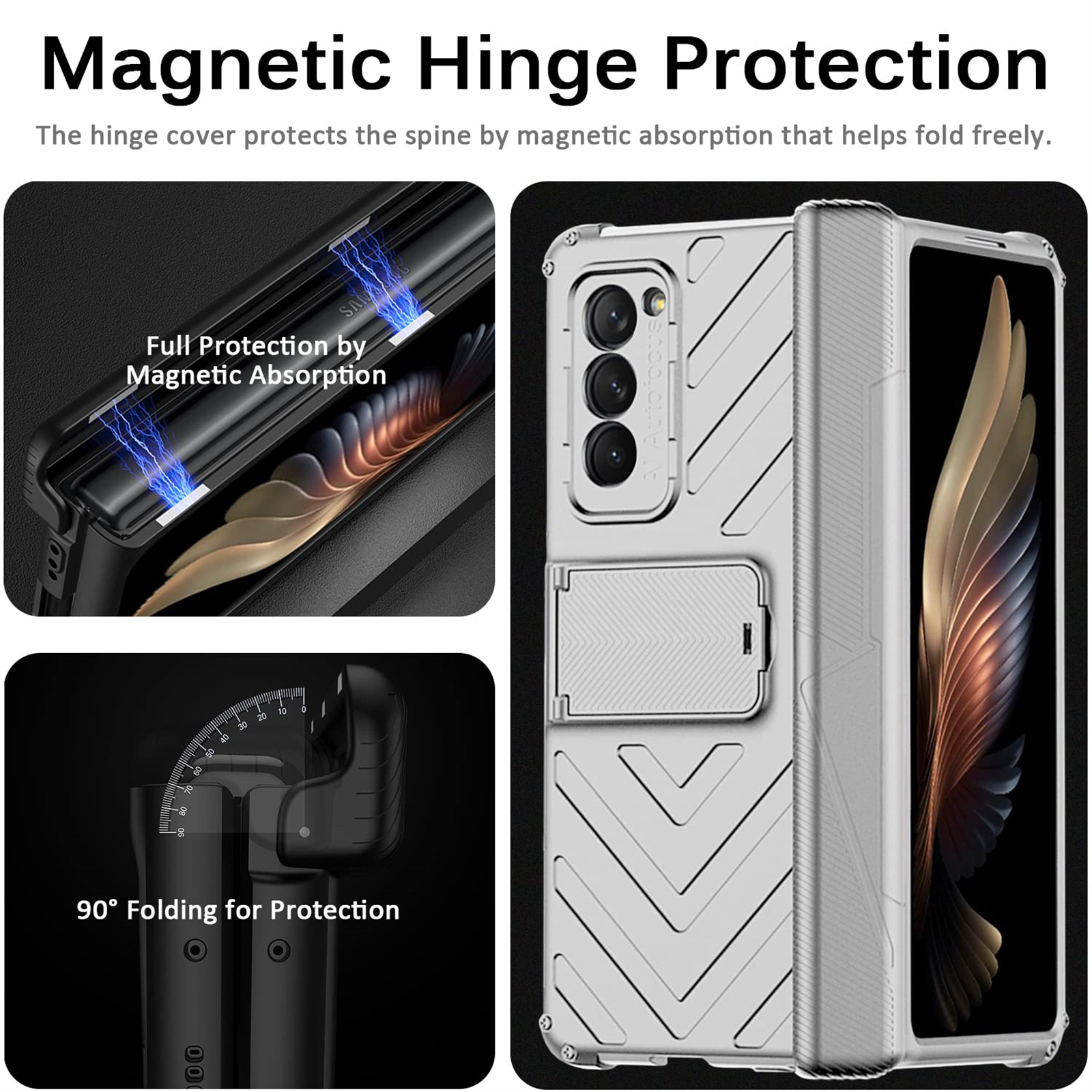 Das Bild zeigt eine Handyhülle mit magnetischem Scharnierschutz, einem Ständer und einem 90-Grad-Klappdesign.