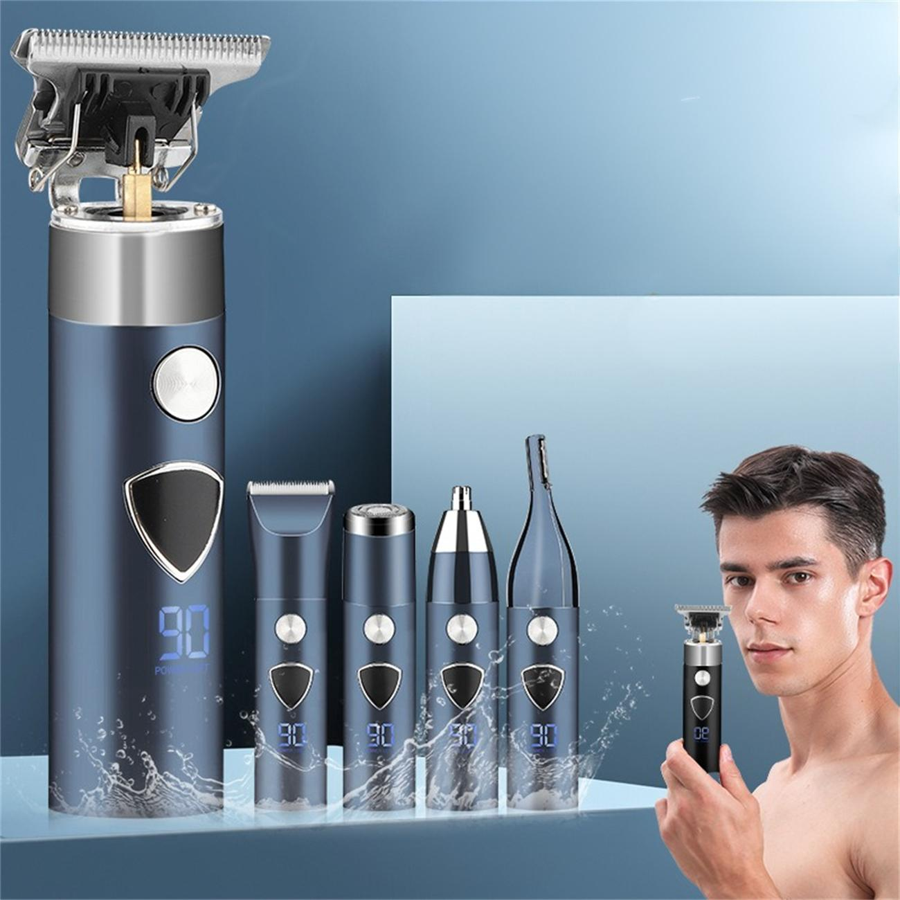 Elektrisches Pflege-Set mit blauen Geräten und einem Mann, der einen Trimmer hält. Wasserspritzeffekt vor blauem Hintergrund.