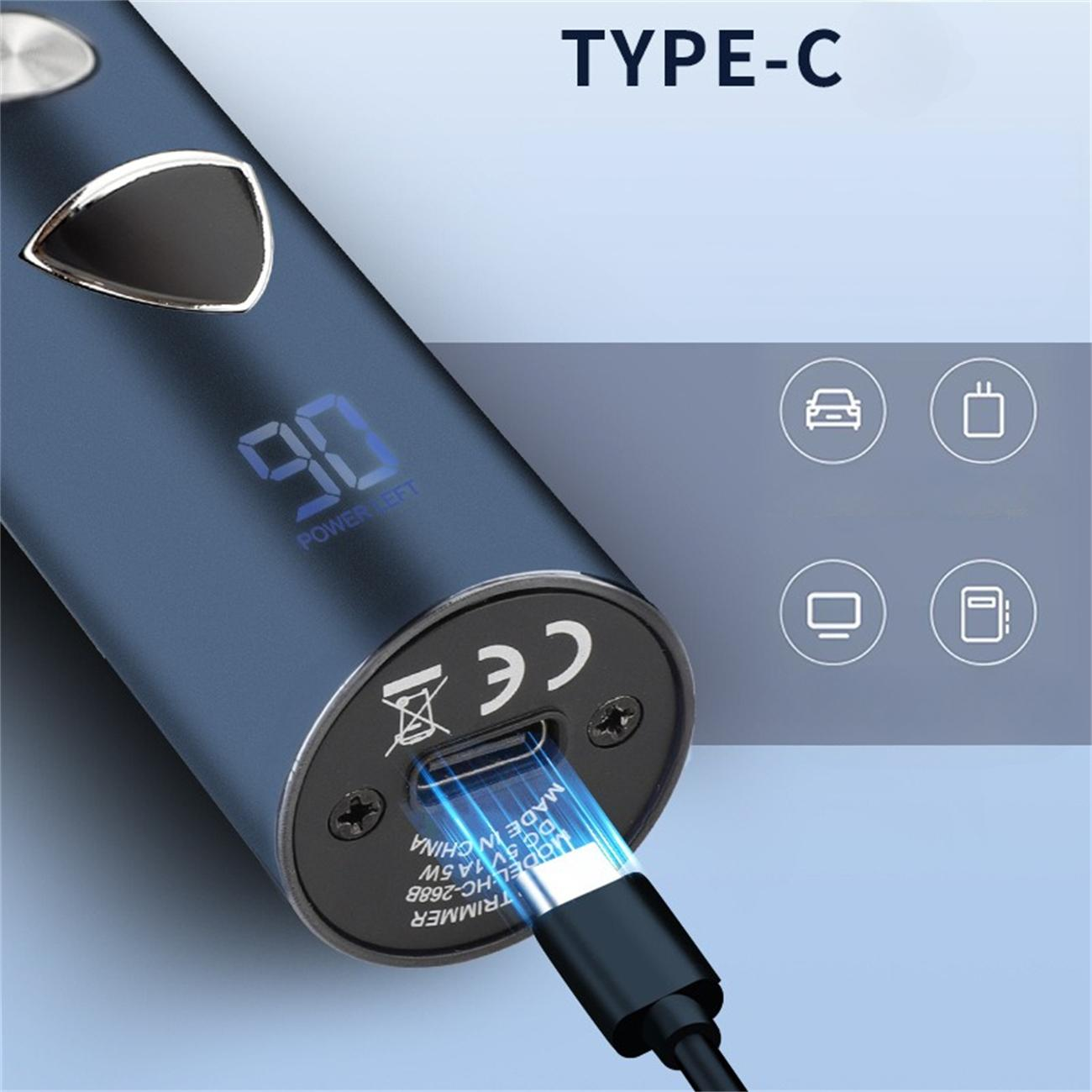 Blauer Trimmer mit Typ-C-Anschluss, zeigt '90' Ladestand an. Ein USB-Kabel ist eingesteckt. Symbole im Hintergrund.