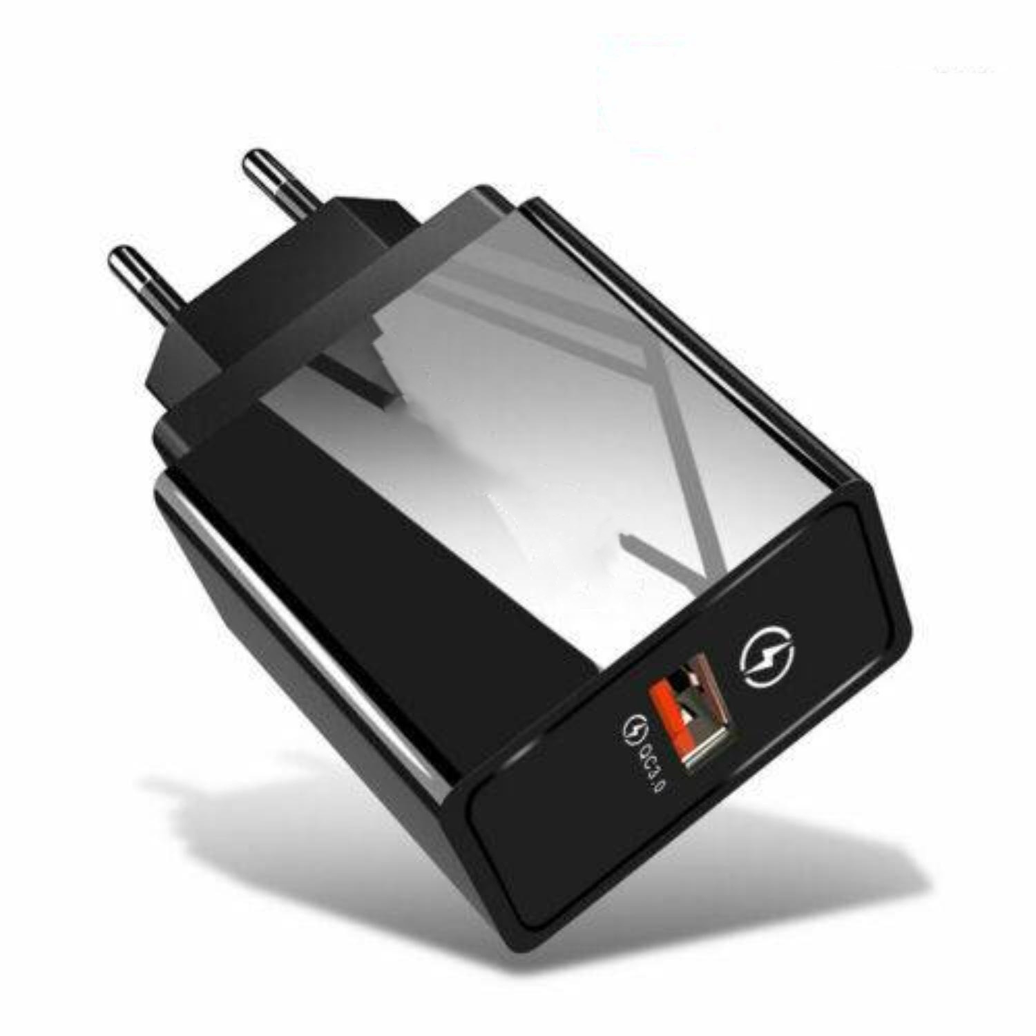Schwarzes Telefonladegerät mit zwei Stiften. Es hat einen USB-Anschluss mit Blitzsymbol und 'QC3.0'.