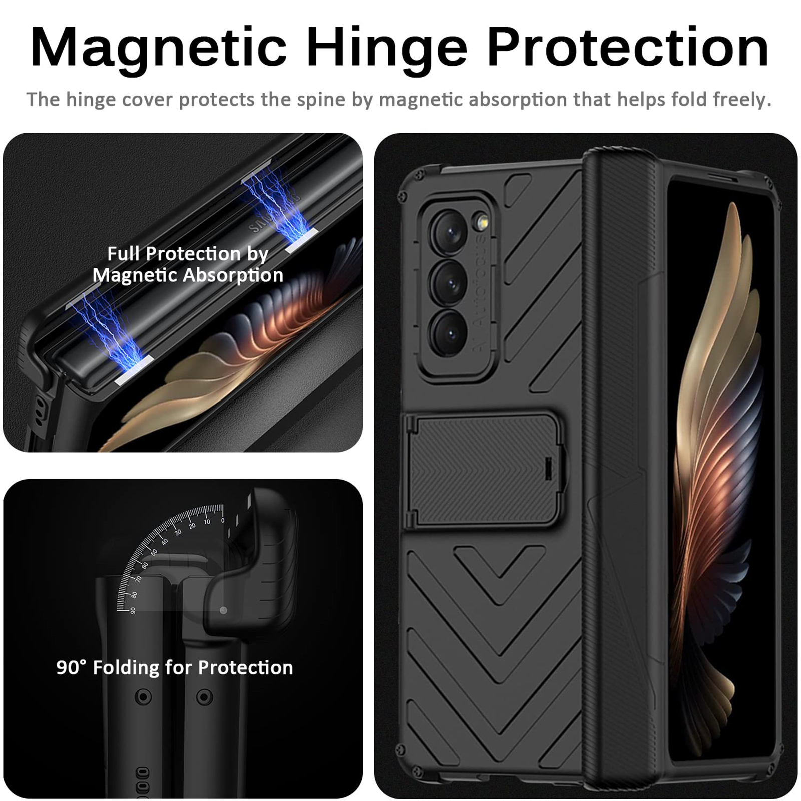 Schwarze Handyhülle mit Magnetscharnierschutz. Zeigt Falten, magnetische Absorption und 90°-Faltenschutz.