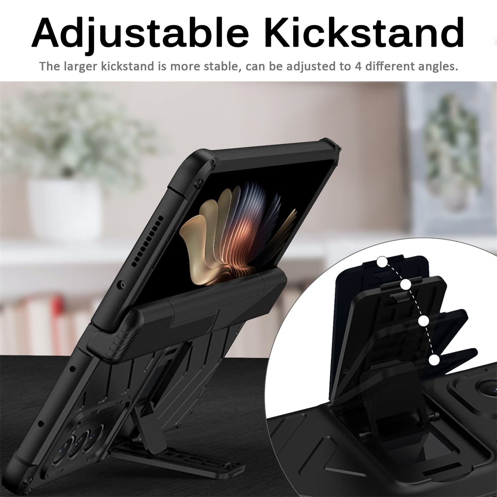 Schwarze Handyhülle mit verstellbarem Ständer. Zeigt verschiedene Winkel. Der Hintergrund ist unscharf.