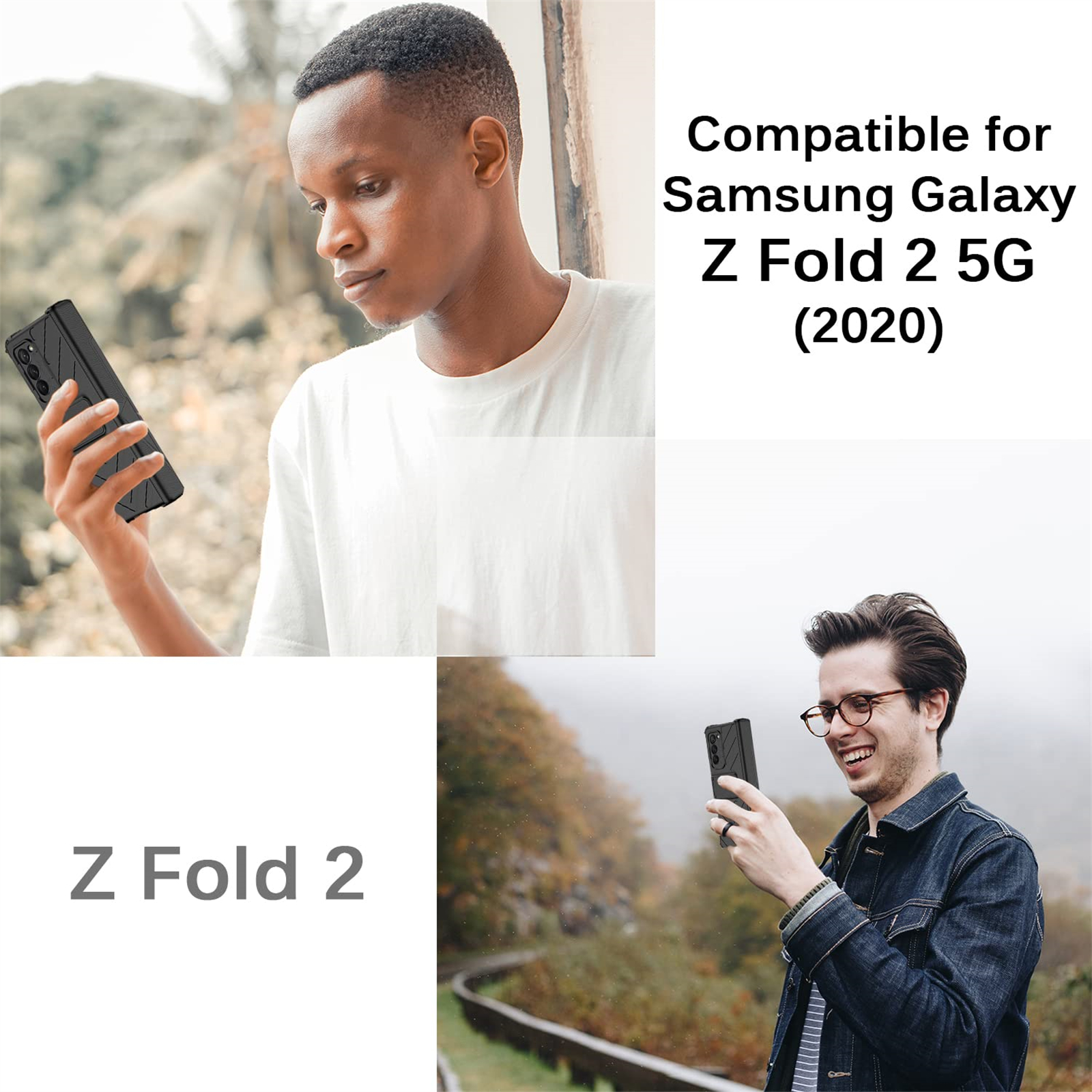 Zwei Personen halten Telefone mit schwarzen Hüllen. Text: Kompatibel für Samsung Galaxy Z Fold 2 5G (2020) und Z Fold 2.