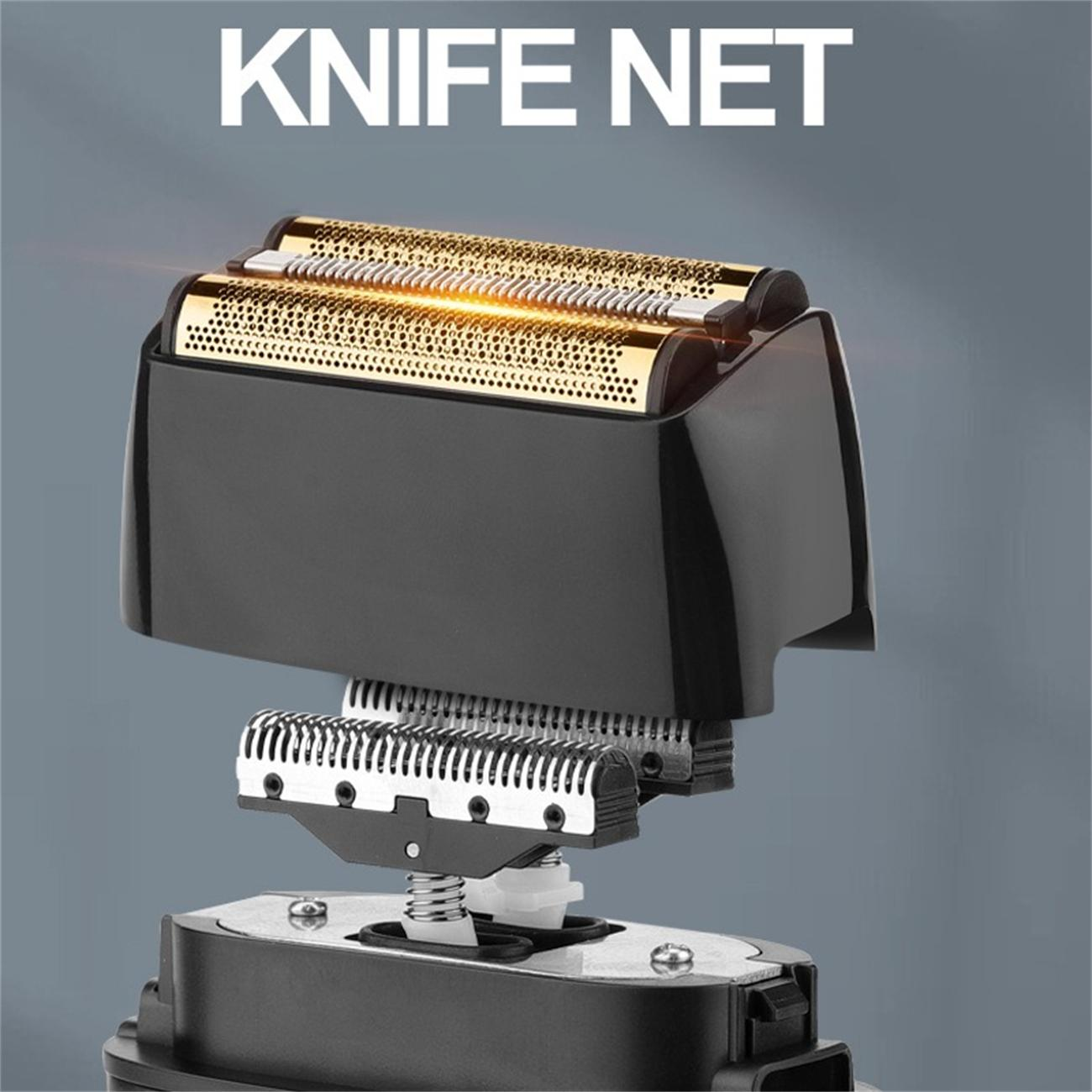 Nahaufnahme eines Elektrorasierers mit Goldfolie, Klingen und schwarzem Gehäuse. Oben stehen die Worte 'KNIFE NET'.