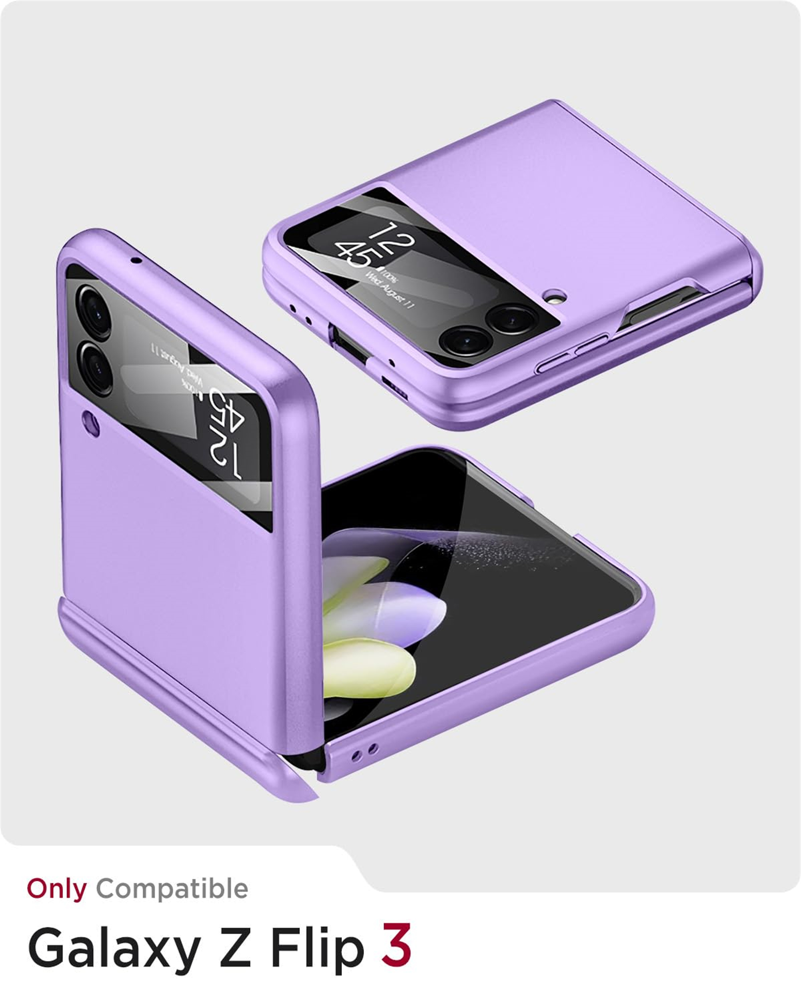 Drei lila Galaxy Z Flip 3-Telefone in verschiedenen Positionen. Eines geschlossen, eines offen und eines in mittlerer Position, alles auf weißem Hintergrund.