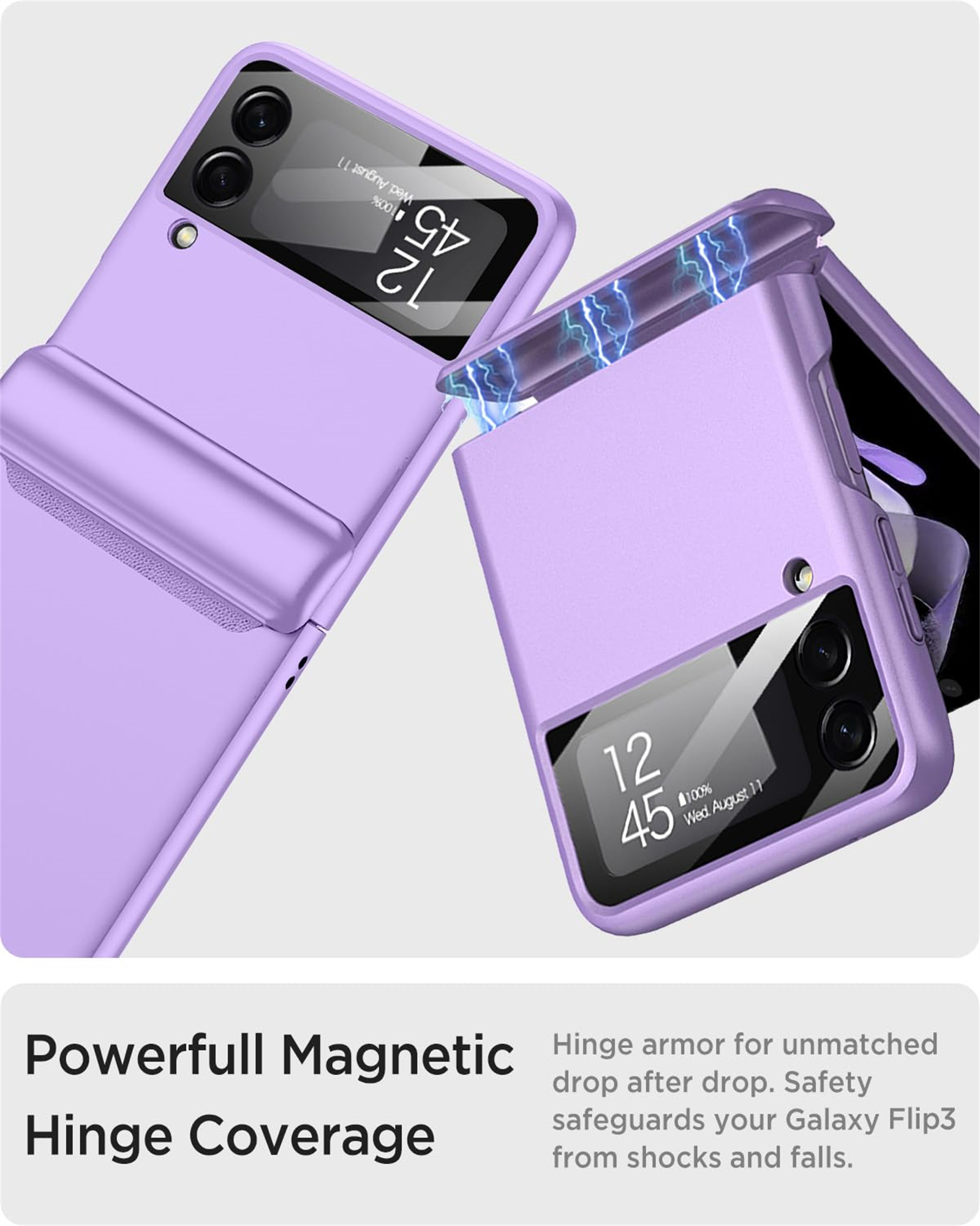 Zwei lila Handyhüllen, eine offen, zeigt den Bildschirm. Text: Powerfull Magnetic Hinge Coverage.