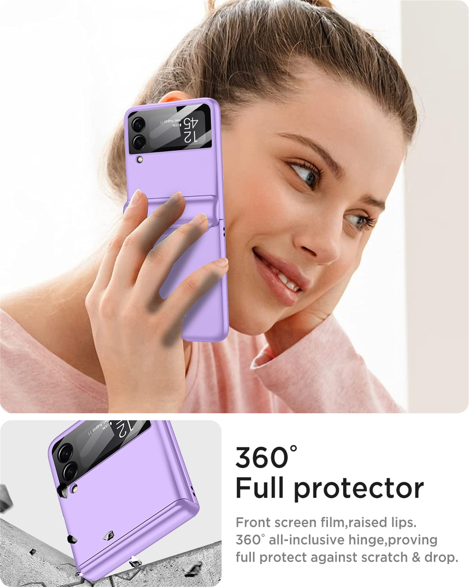 Eine Frau hält ein lila Telefon in der Nahaufnahme. Die Handyhülle wird angezeigt und das Bild hat Marketingtext.
