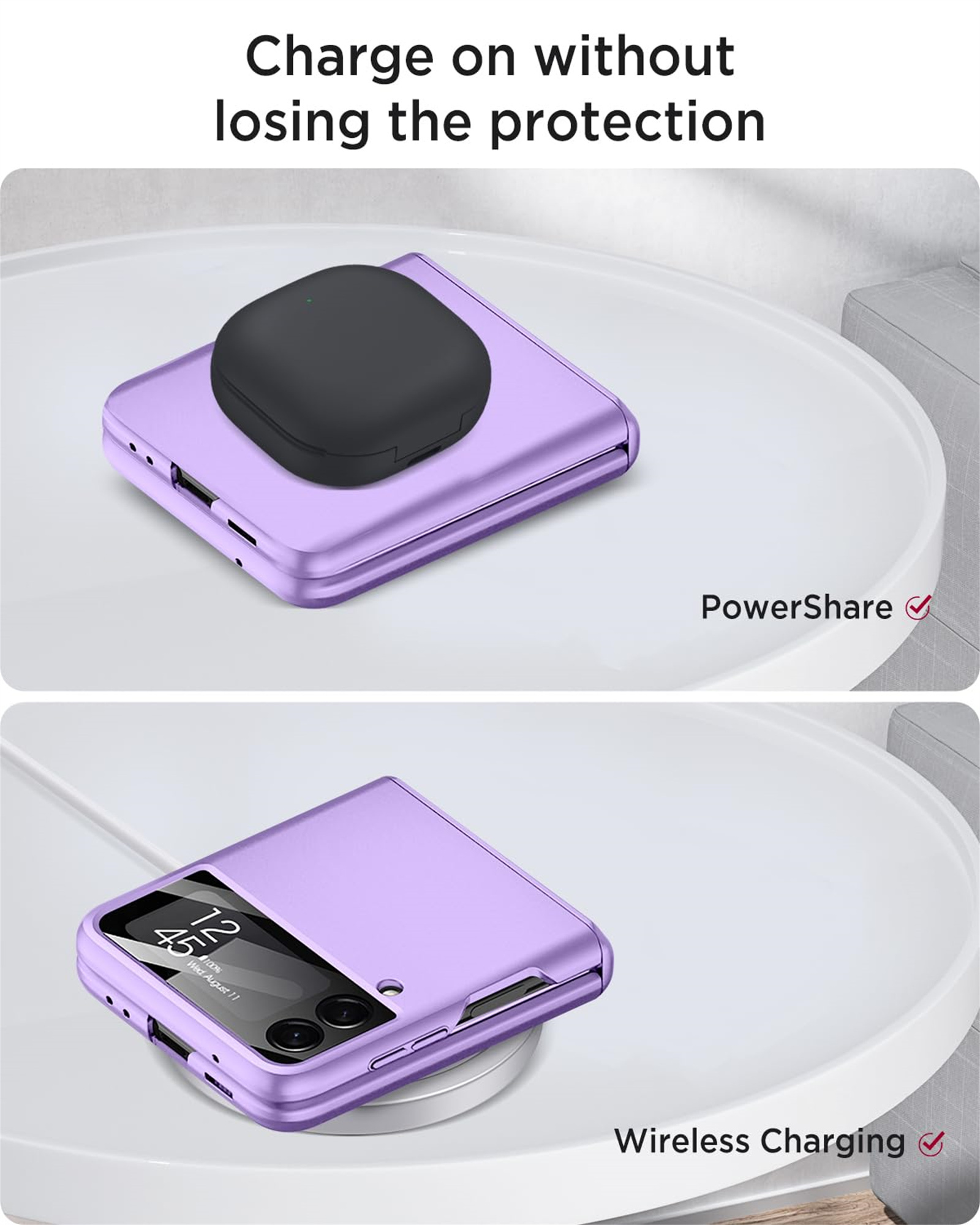 Lila Telefon lädt mit schwarzem Kopfhörer-Etui auf weißem Tisch. Text: PowerShare, Wireless Charging.