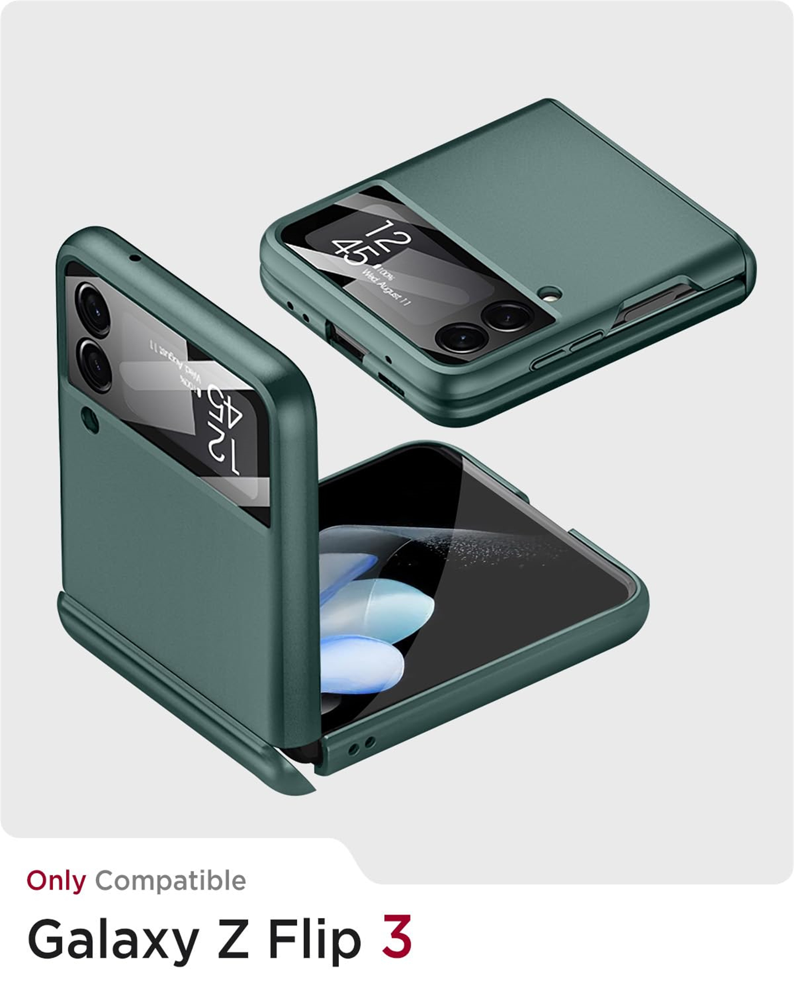 Grüne Galaxy Z Flip 3 Handyhülle, zwei Ansichten. Eine offen, mit Bildschirm. Eine andere geschlossen, mit der Uhrzeit.