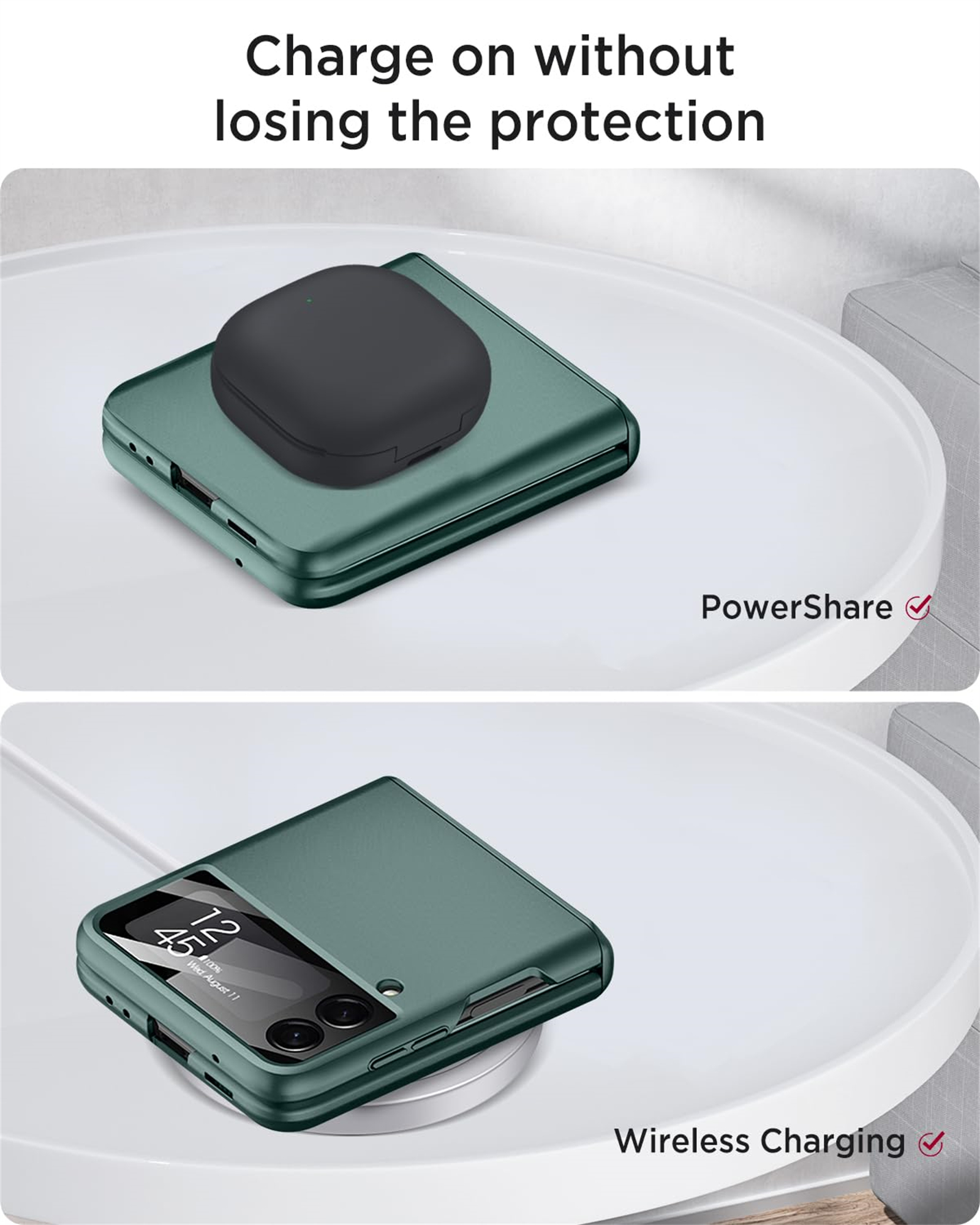 Grüne Handyhülle mit schwarzen Ohrhörern auf einem weißen Tisch, und Telefon kabellos aufladen. Text zeigt PowerShare und kabelloses Laden.