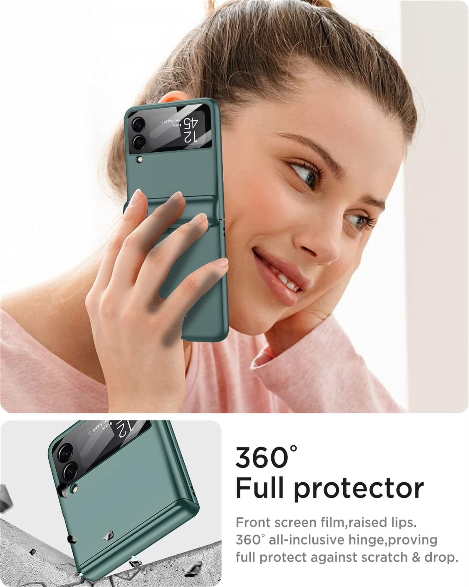 Eine Frau hält ein grünes Telefon. Es ist in einer grünen Hülle. Das Telefon zeigt Uhrzeit und Datum.