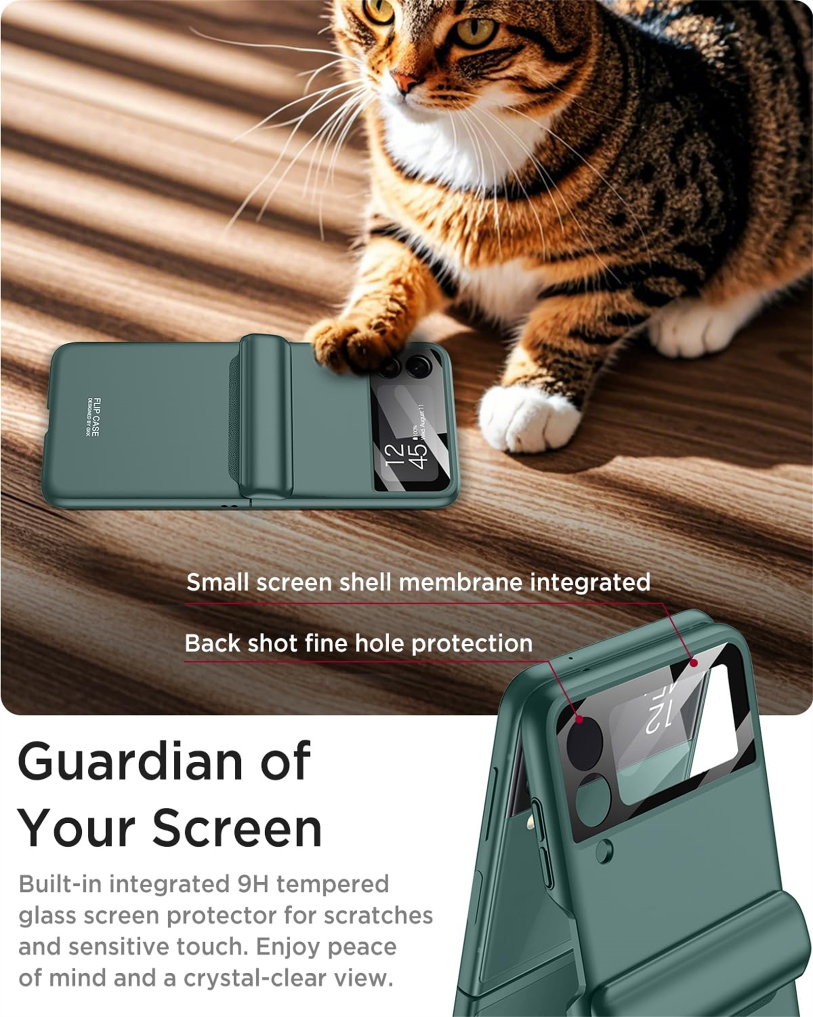 Eine grüne Handyhülle mit einer Katze im Hintergrund. Die Hülle hat einen Displayschutz und wird als Bildschirmschutz vermarktet.
