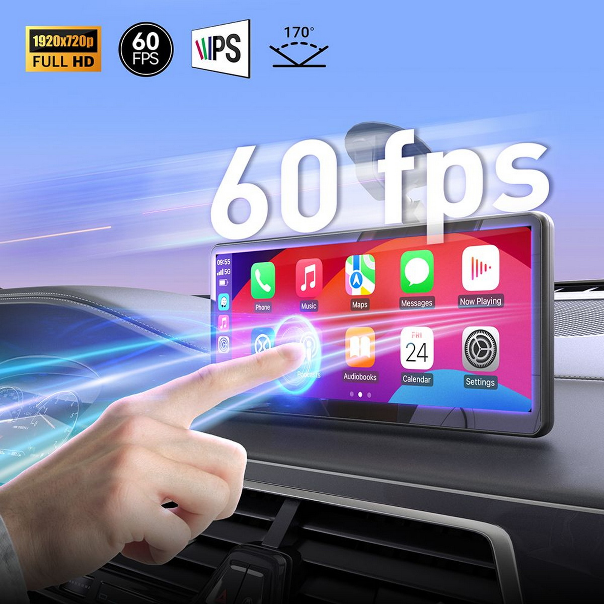 Ein Finger berührt einen Auto-Bildschirm, auf dem Apps angezeigt werden. Symbole sind Telefon, Musik, Karten, Nachrichten und Kalender.