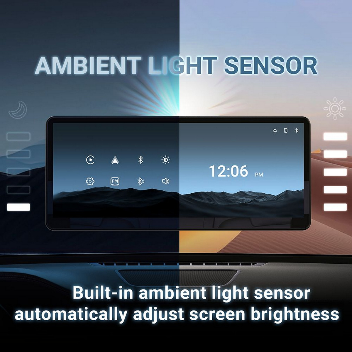Auto-Armaturenbrett zeigt 12:06 Uhr. Text: 'Umgebungslichtsensor' und 'Eingebauter Umgebungslichtsensor'.