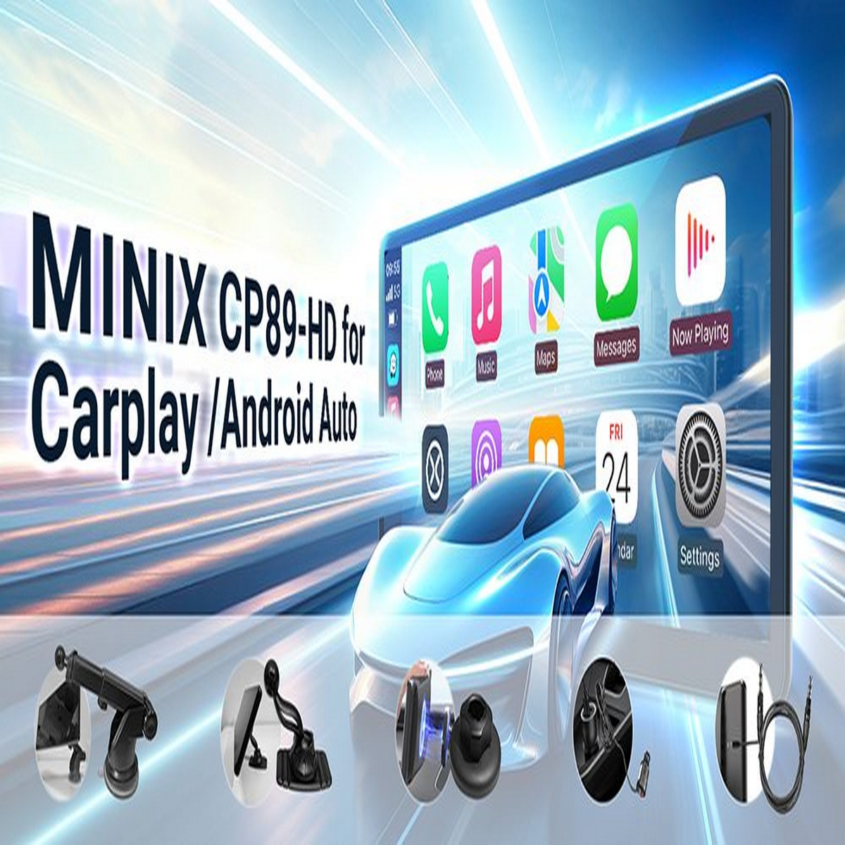 Werbung für MINIX CP89-HD für Carplay/Android Auto. Ein Auto ist auf einem Bildschirm mit App-Symbolen. Zubehör unten.