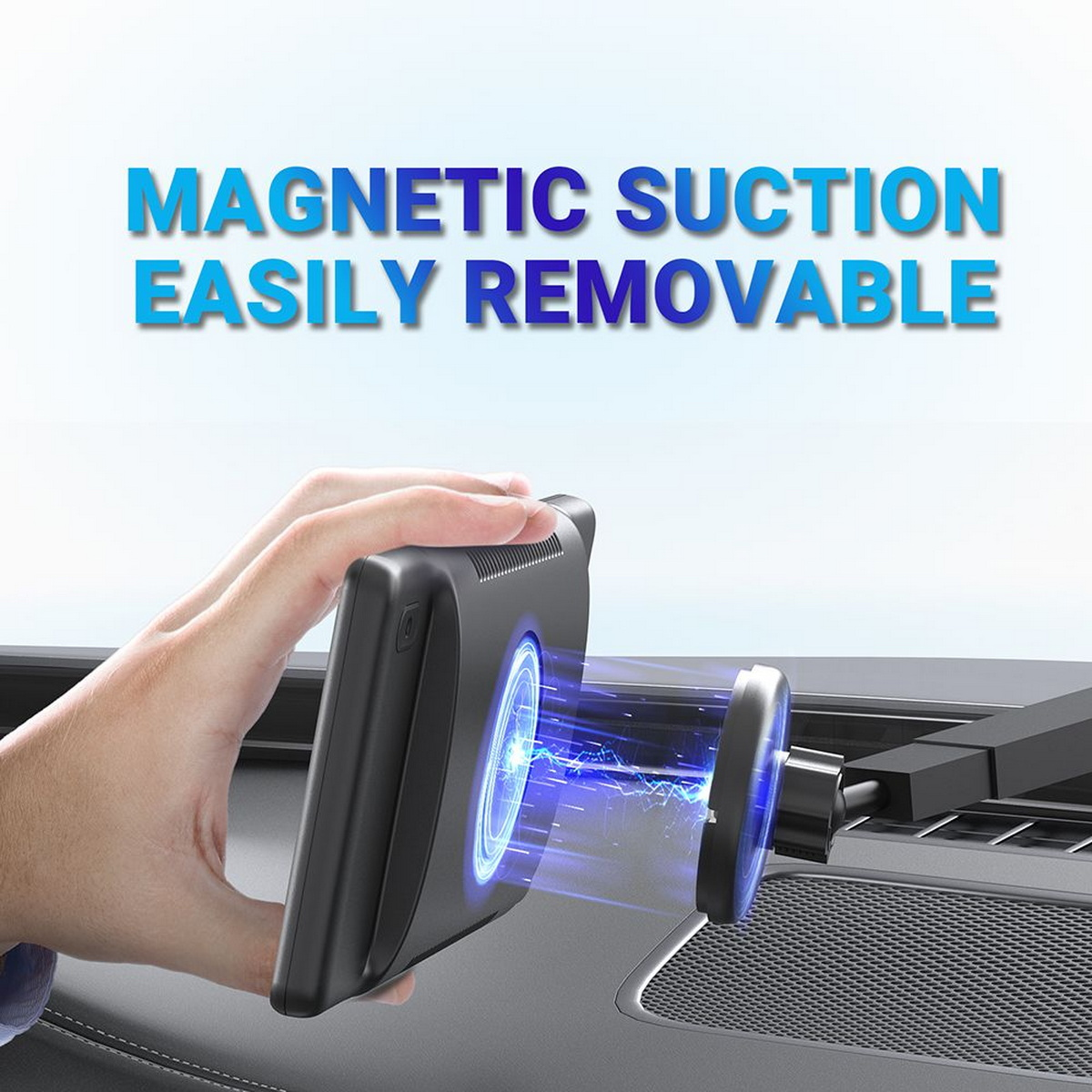 Hand hält einen schwarzen magnetischen Telefonhalter. Blaue Energielinien verbinden das Gerät mit einer runden Magnetbasis auf dem Armaturenbrett.
