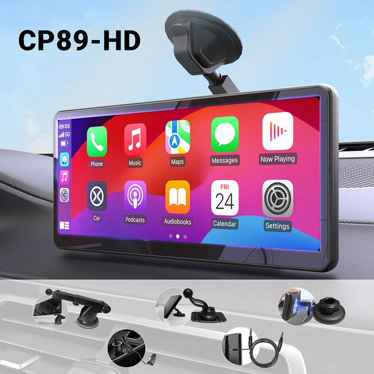 Auto-Bildschirm mit App-Symbolen, auf dem Armaturenbrett montiert. Zubehör darunter. Der Bildschirm zeigt Apps für Telefon, Musik, Karten und Nachrichten.