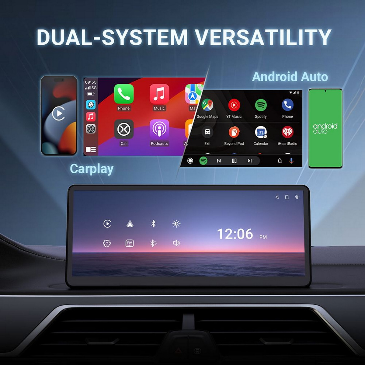 Carplay- und Android Auto-Oberflächen. Ein Bildschirm zeigt die Uhrzeit an. Telefone und Apps werden für Dual-System-Vielseitigkeit präsentiert.