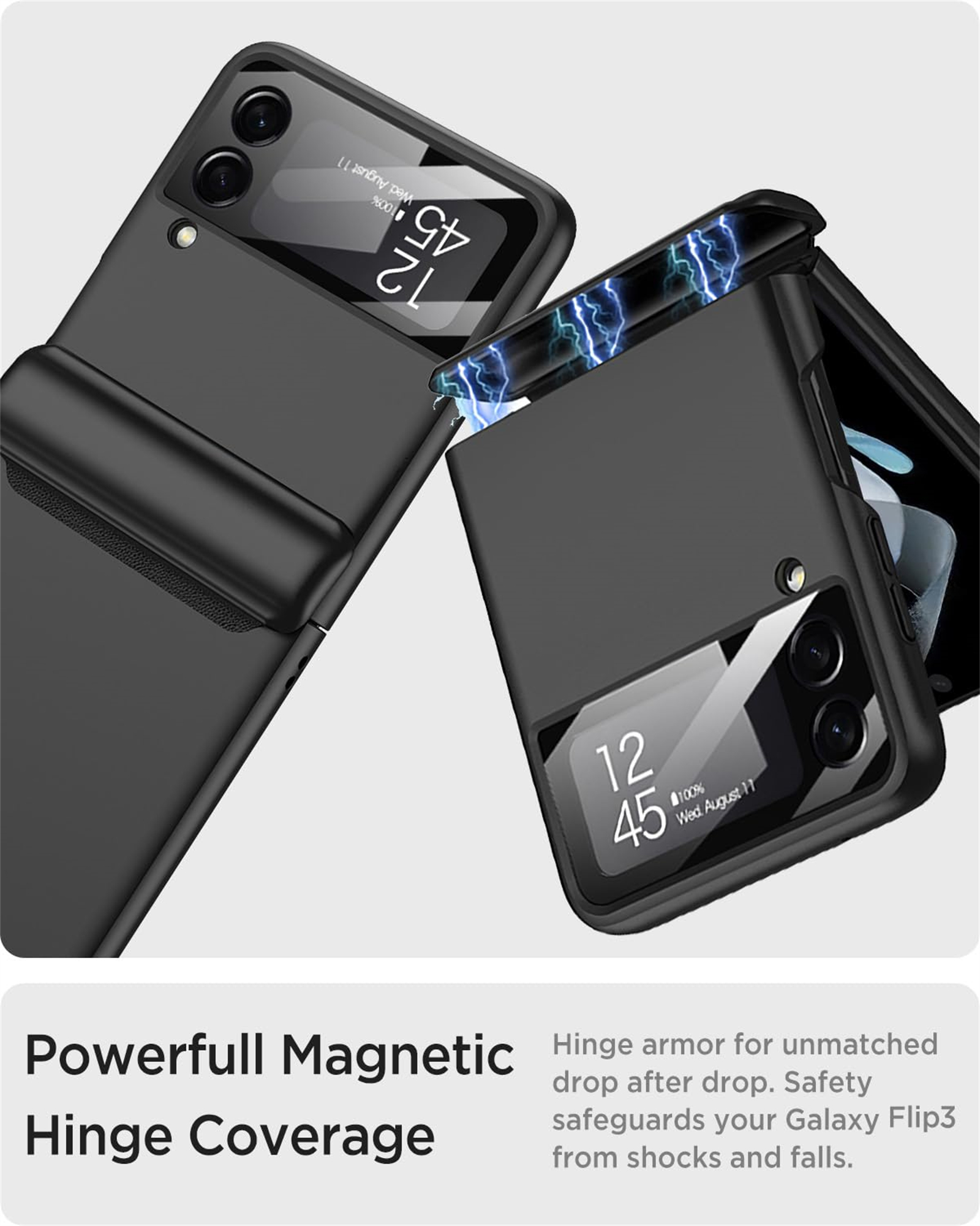 Zwei schwarze Falt-Telefone, die die äußeren Bildschirme mit der Zeit zeigen. Das Scharnier wird betont. Text: 'Powerful Magnetic Hinge Coverage'.