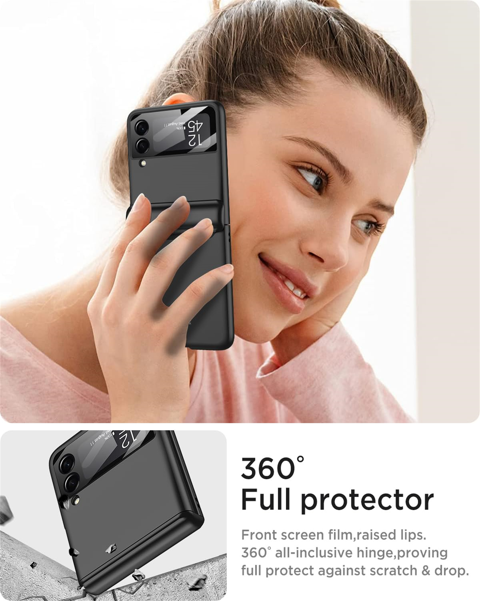 Frau hält ein schwarzes Telefon. Die Handyhülle wird zusammen mit dem Text "360° Vollschutz" angezeigt.