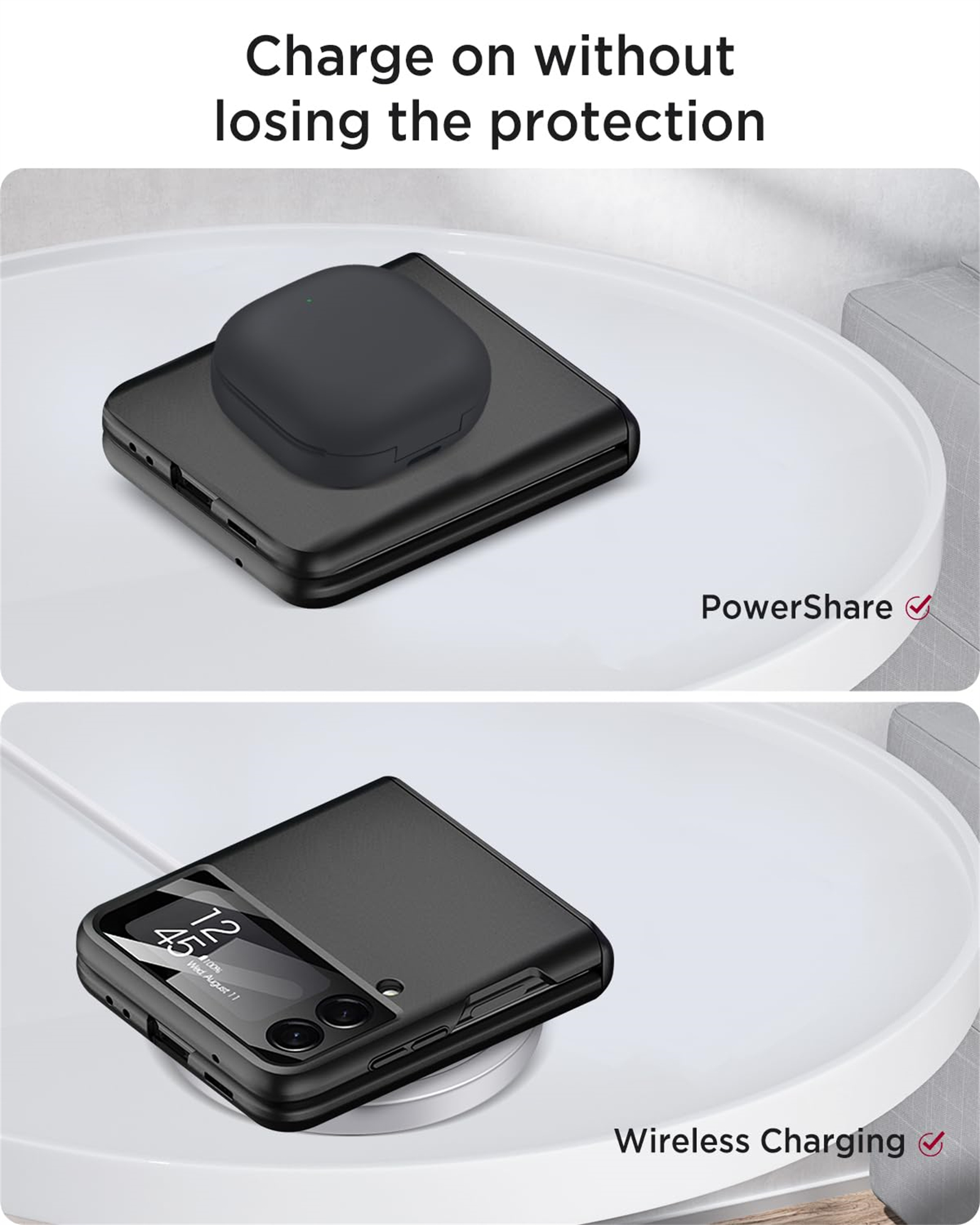 Schwarzes Telefon und Ohrhörer auf weißem Tisch. PowerShare- und Wireless Charging-Etiketten sind sichtbar.