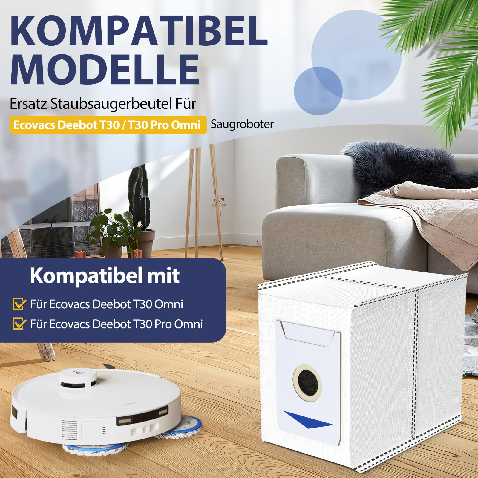 Weißer Staubsaugerbeutel und Roboter-Staubsauger. Sofa und Pflanzen im Hintergrund, die Kompatibilität bewerben.