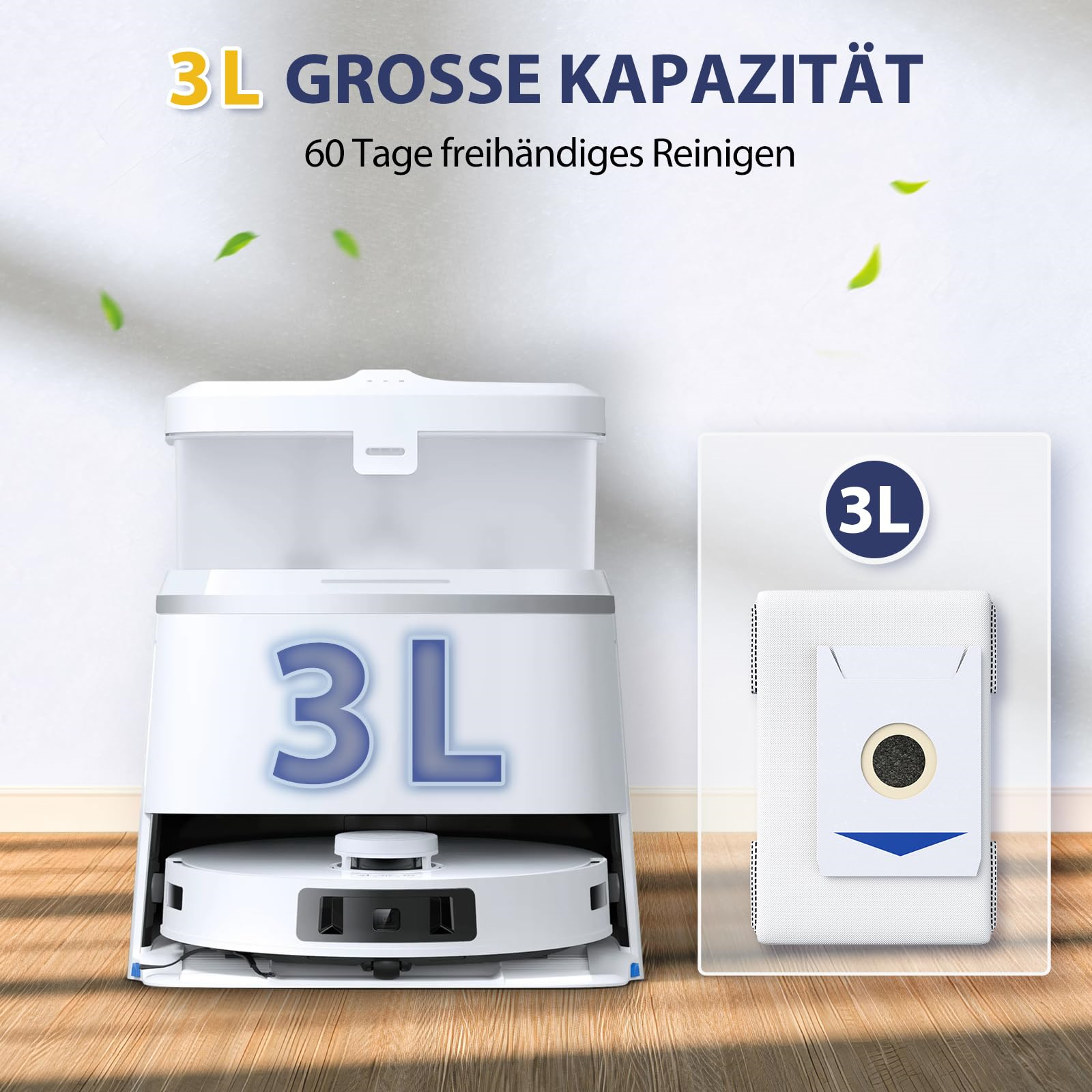 Weißer Roboterstaubsauger mit 3L Fassungsvermögen. Das Bild zeigt einen Staubsauger und einen Beutel für den Staub.