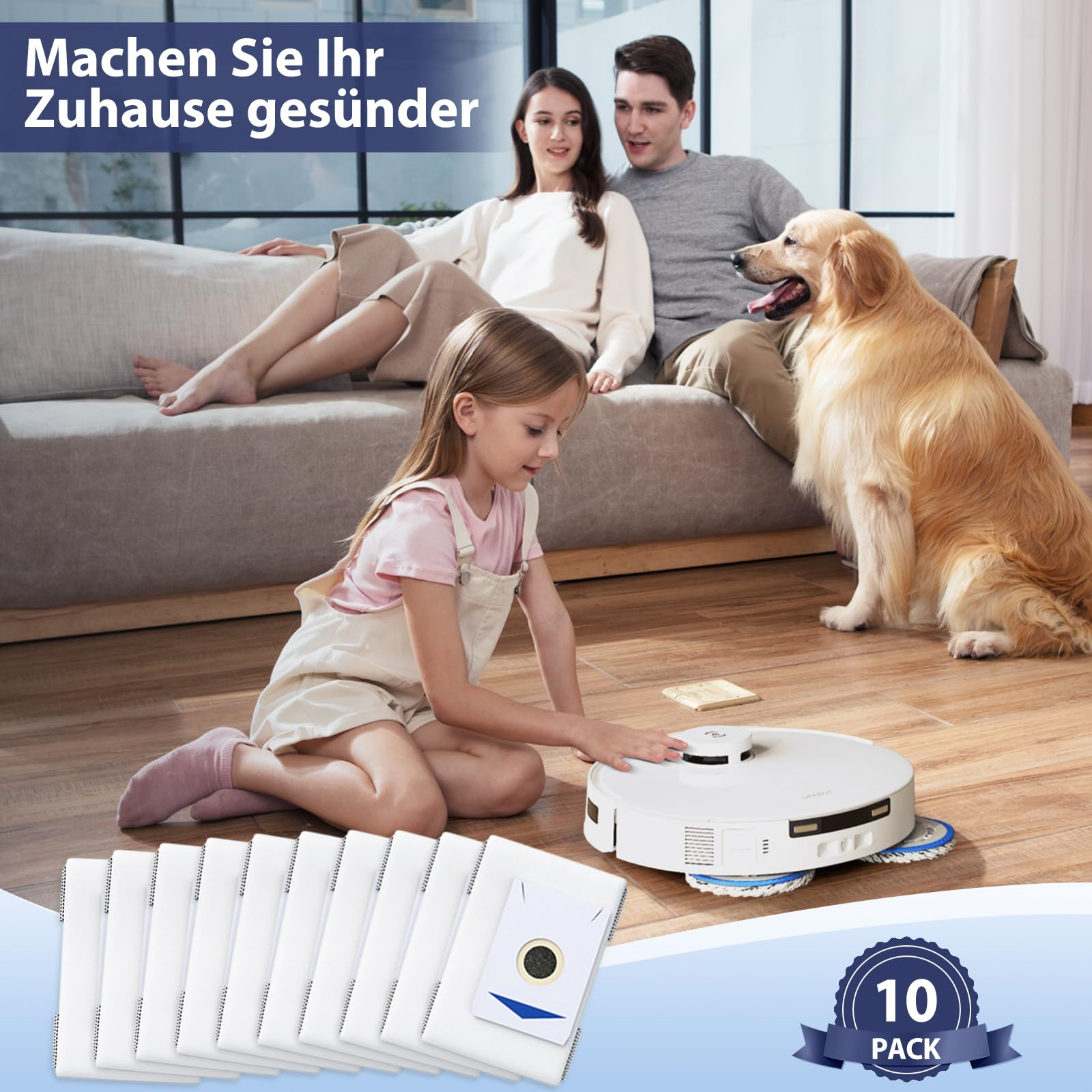 Eine Familie mit Hund beobachtet einen Roboterstaubsauger, ein Mädchen interagiert damit. Beutel sind im Vordergrund.