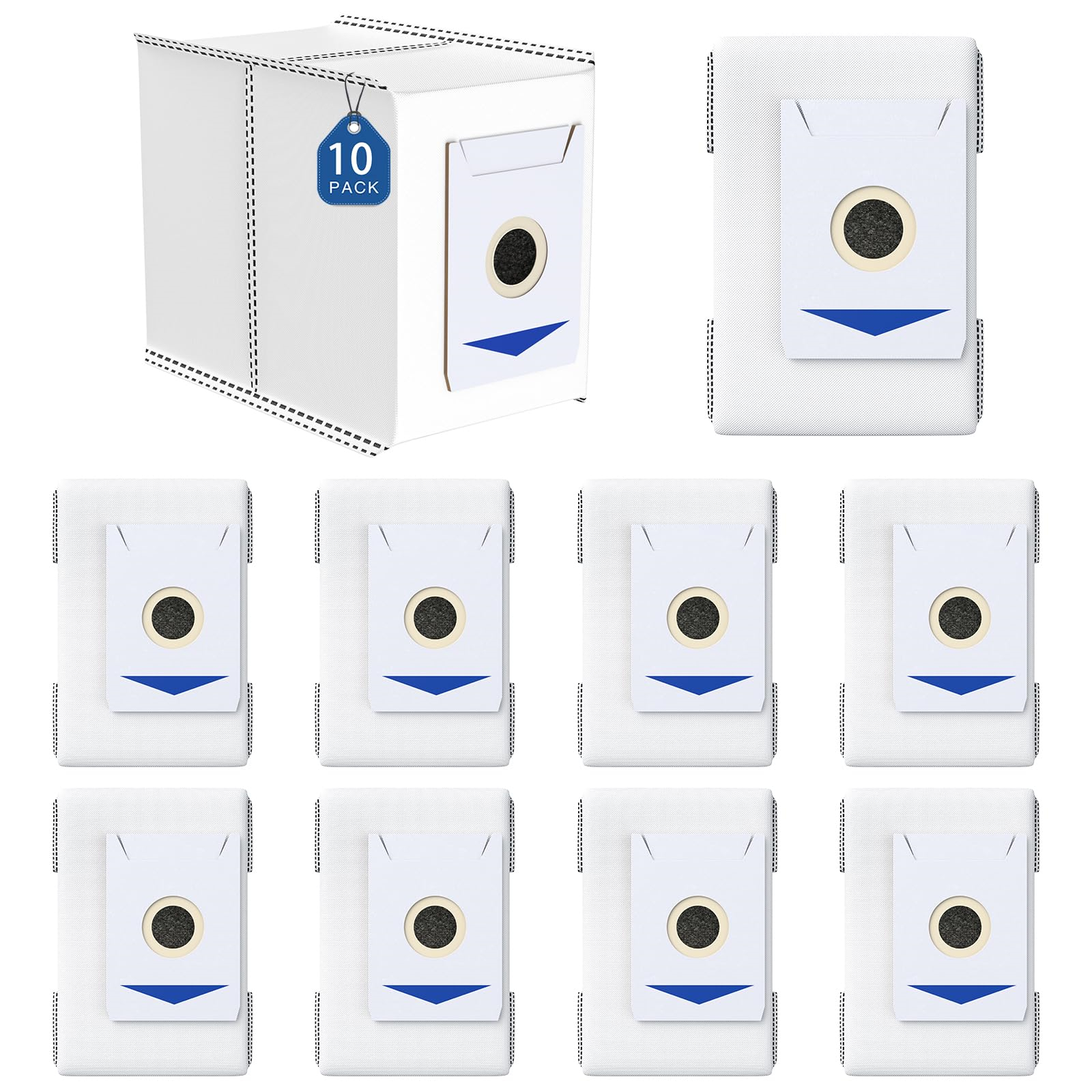 Das Bild zeigt Staubsaugerbeutel. Eine Box zeigt ein "10er-Pack"-Etikett. Einzelne Beutel haben einen weißen Filter, eine schwarze Mitte und einen blauen Pfeil.